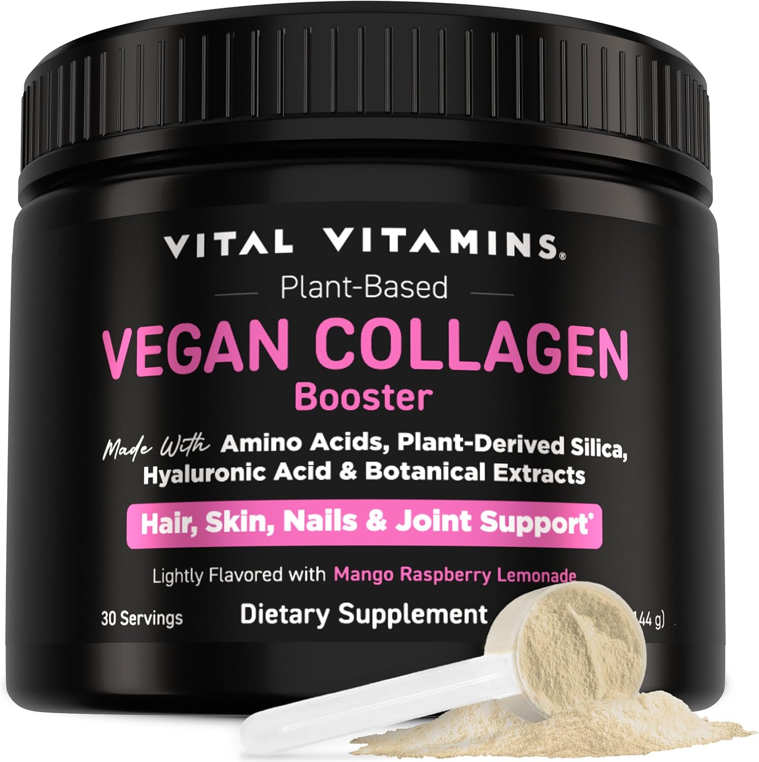 Vital Vitamins Vegan Collagen Booster Powder - Made with Amino Acids, Silica, Hyaluronic Acid, & Botanical Extracts - Plant-Based - Mango Raspberry Lemonade Flavor - Hair, Skin, Nails - 30 Servings