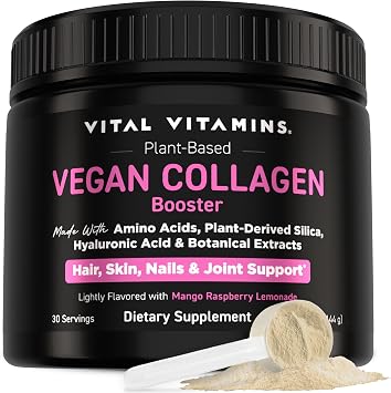 Vital Vitamins Vegan Collagen Booster Powder - Made with Amino Acids, Silica, Hyaluronic Acid, Botanical Extracts - Plant-Based - Mango Raspberry Lemonade Flavor - Hair, Skin, Nails - 30 Servings