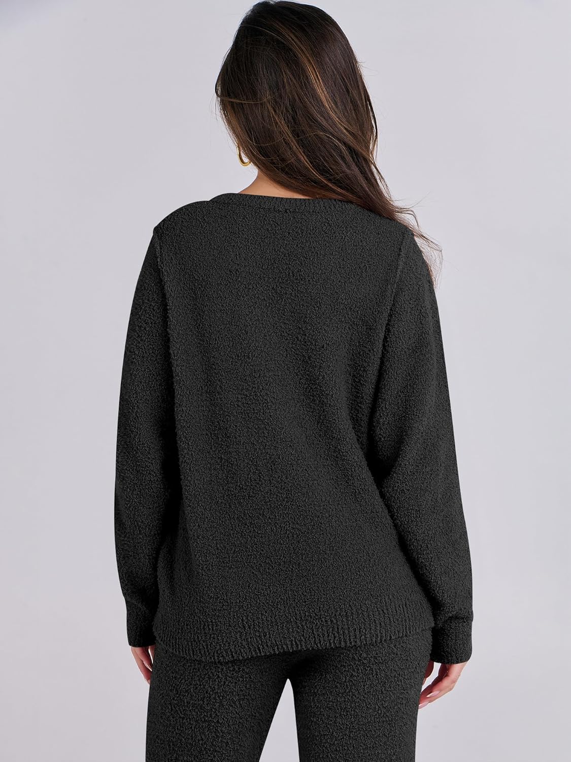 ANRABESS Women's Fuzzy Fleece Pajama Sets 2 Piece Outfits Long Sleeve Top Wide Leg Pants Lounge Matching Set 2025 Fall Winter - Image 3