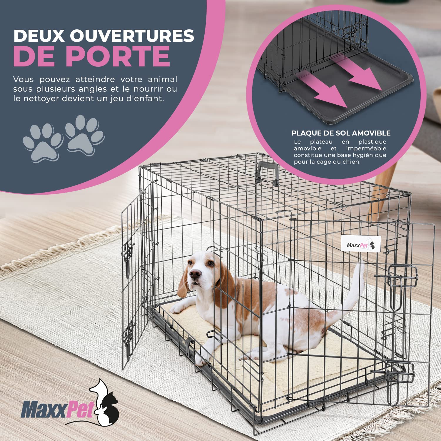 MaxxPet Metal Cage de Chien - Caisse de Transport pour Chien - Cage Chien XXL avec 2 Portes - INCL.Plaid et Gamelle - Interieur, Dog Crate Voiture - Cage Pliable Chien - 107x71x76 cm - Noir