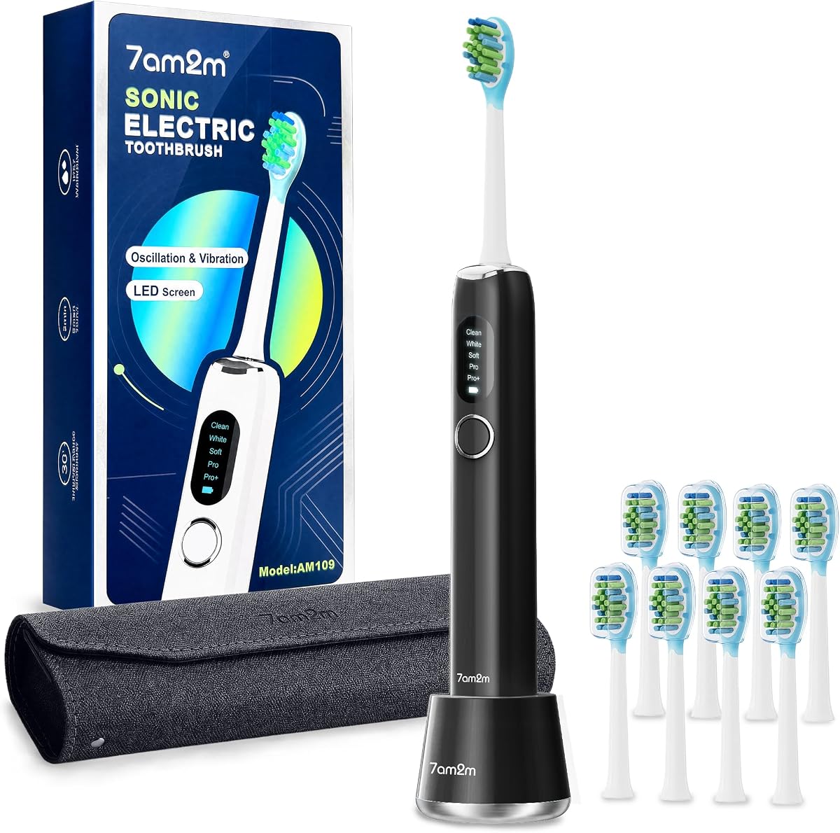 Sonic Electric Toothbrush Adult & Teen, 5 Modes, LED Screen, Black | 365 Days Battery per Charge, 2-Minute Built-in Timer, 8 Replacement Brush Heads with Portable Travel Case