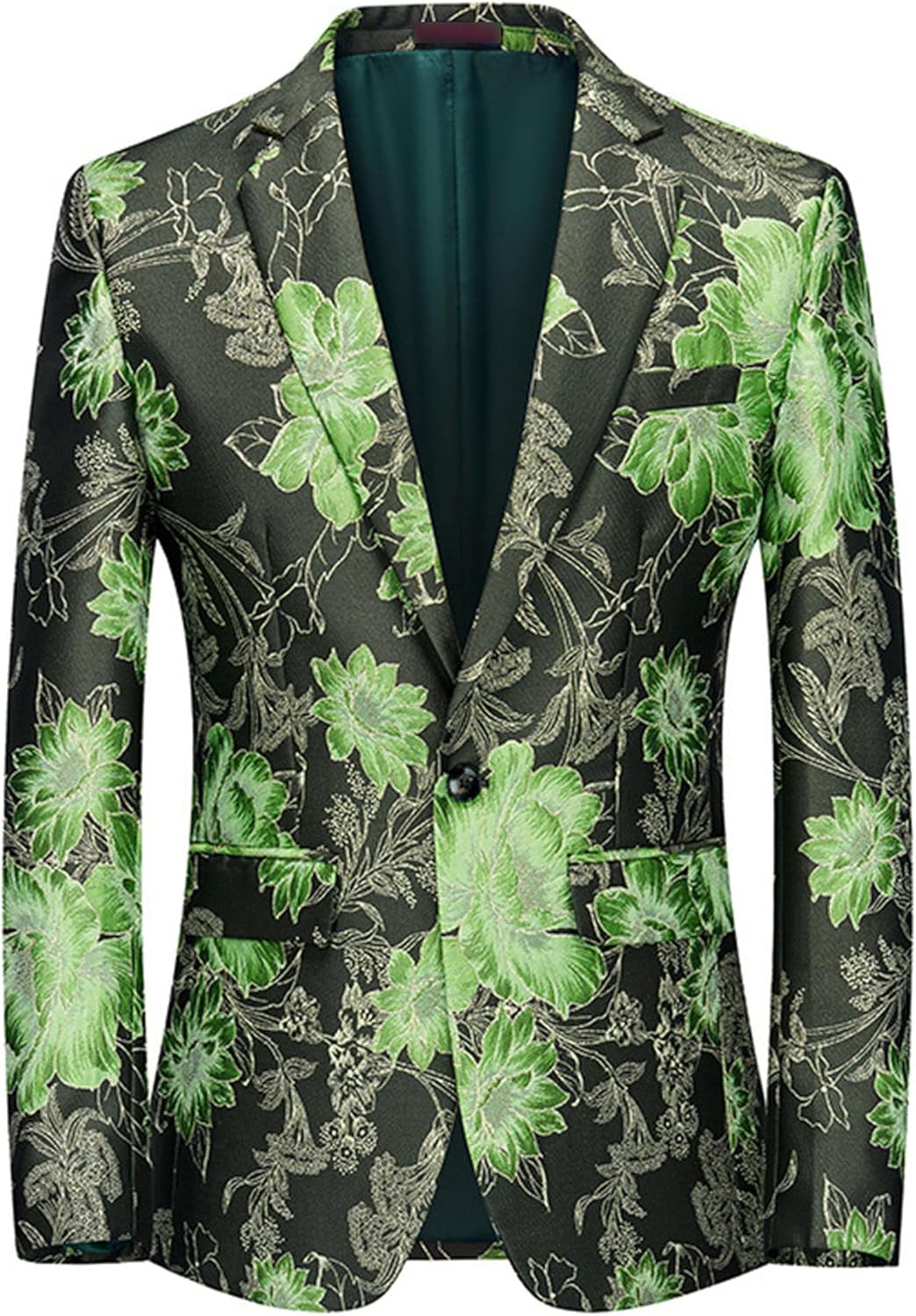 Mens Floral Tuxedo Jackets Notched Lapel Slim Fit Blazer Jacket Single Breasted Stylish Casual Printed Suit Jacket (Large,Grass Green)
