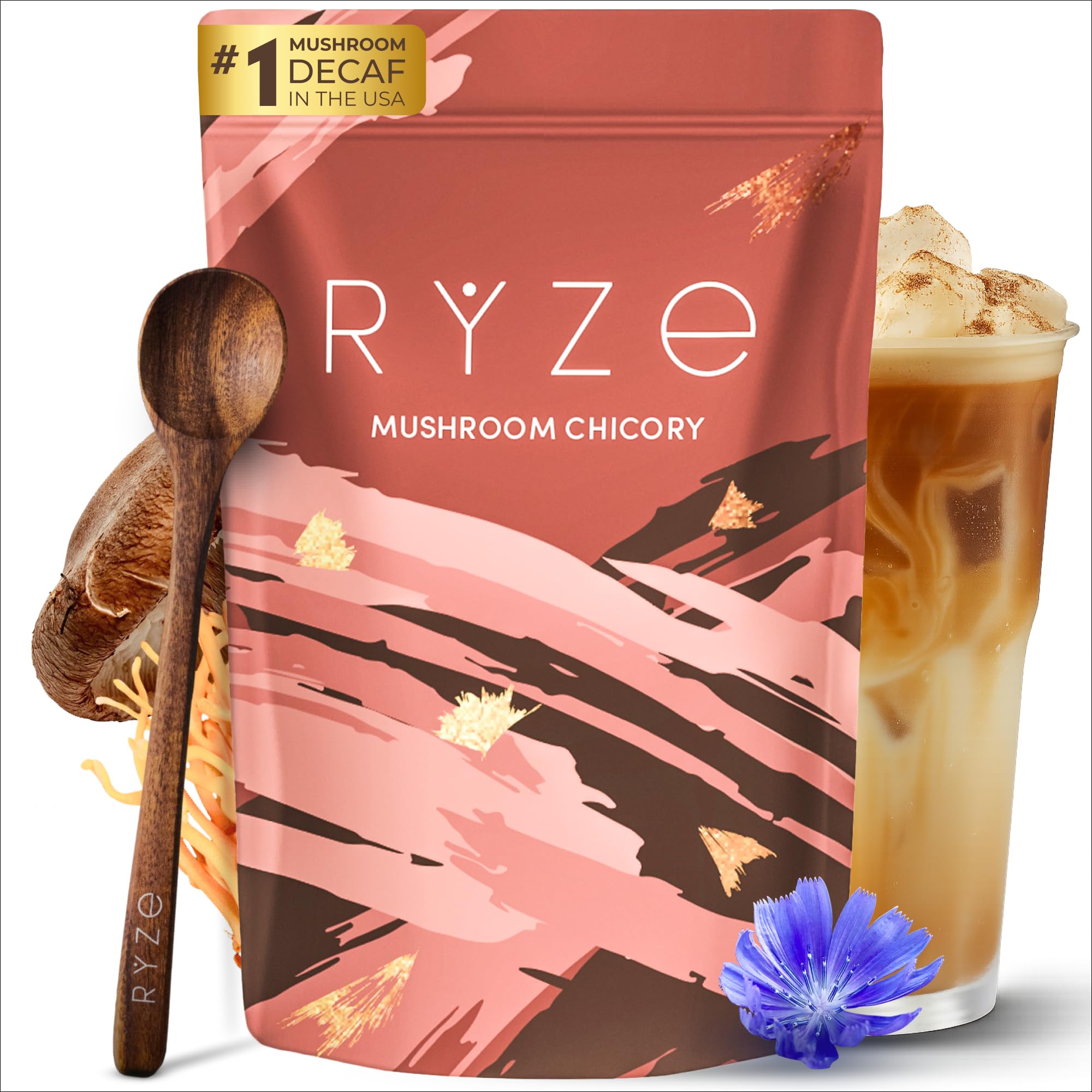 RYZE SUPERFOODS Mushroom Chicory with 6 Organic Adaptogenic Mushrooms, Keto Decaf Coffee with Chicory Root for Energy, Focus, Digestion, Immunity with Lions Mane, Turkey Tail, Shiitake, 30 servings