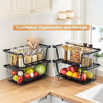 4 Pcs Stackable Wire Baskets for Pantry Organizers and Storage, Black