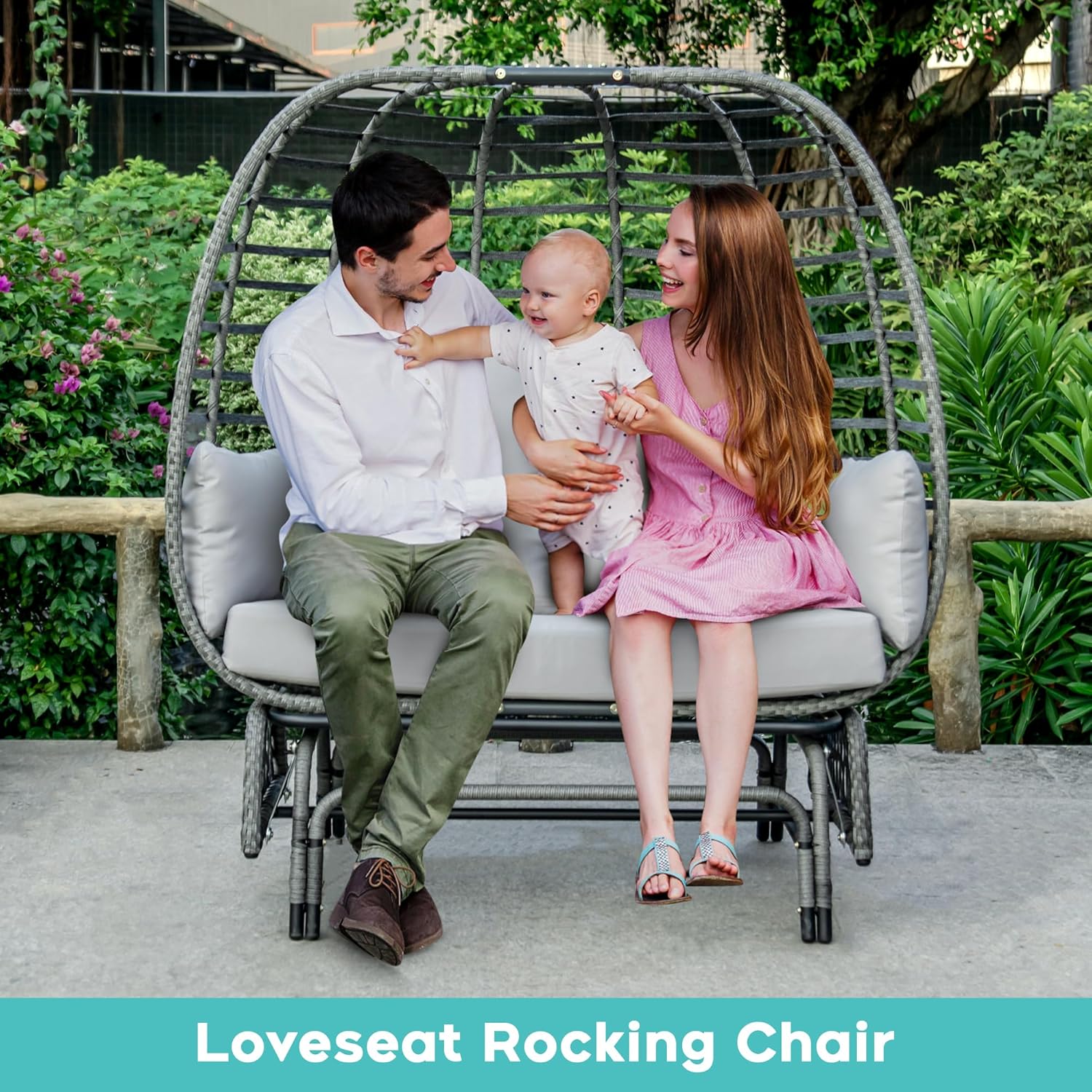 Outdoor Double Egg Chair Patio Chairs - 500lbs Capacity for 2 Person, Oversized Wicker Rocking Glider Chair with Steel Stand, Hand-Woven Lounge Chair Nest Loveseat for Indoor, Porch, Backyard, Balcony 8