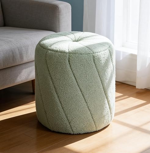 Otomana redonda moderna, otomana con espiral, taburete tapizado de vellón de peluche para maquillaje, dormitorio, sala de estar, verde claro Espiral