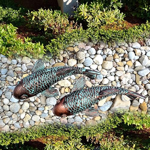 Esculturas y estatuas de jardín, decoración de peces koi, arte de peces de jardín, juego de 2 piezas antiguas para exteriores, patio, césped,