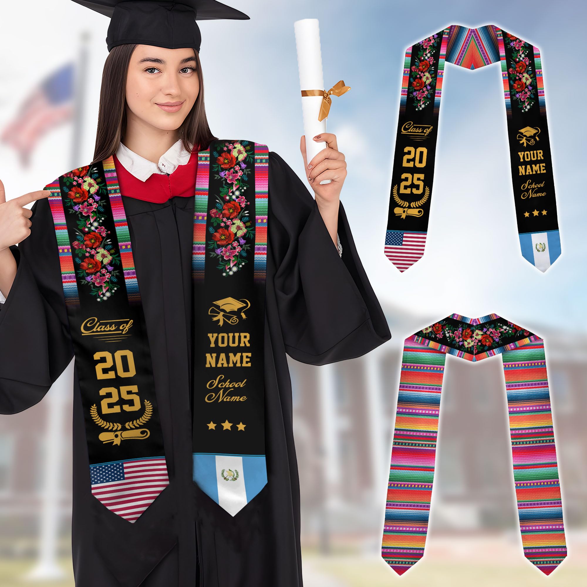 MonkeyVan Custom Guatemala Graduation Sash, Personalized Guatemalan Graduation Sash 2025, Guatemala American Graduation Sashes Gtm1