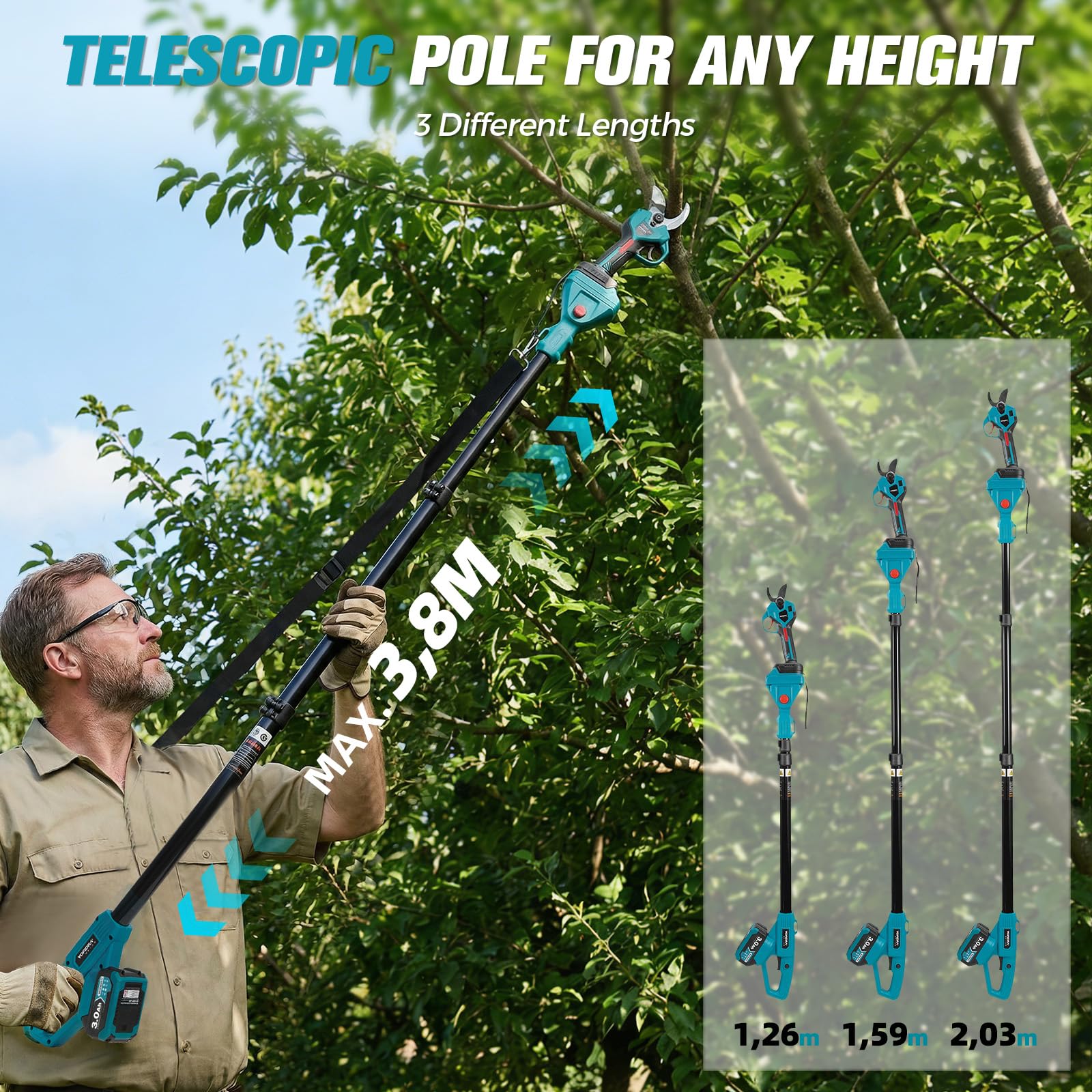 Yofidra 2-in-1 Akku Astschere Teleskop, 32mm Schnitt, Bürstenloser Motor, Elektrische Astschere mit Teleskopstange, 2x3,0Ah Batterien, LCD-Display, Max.4,1M, Gartenschere für Äste, Obstbäume