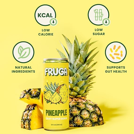 FRUGA Pineapple Prebiotic Soda, Real Fruit Soda Pop Drink, 12 Pack