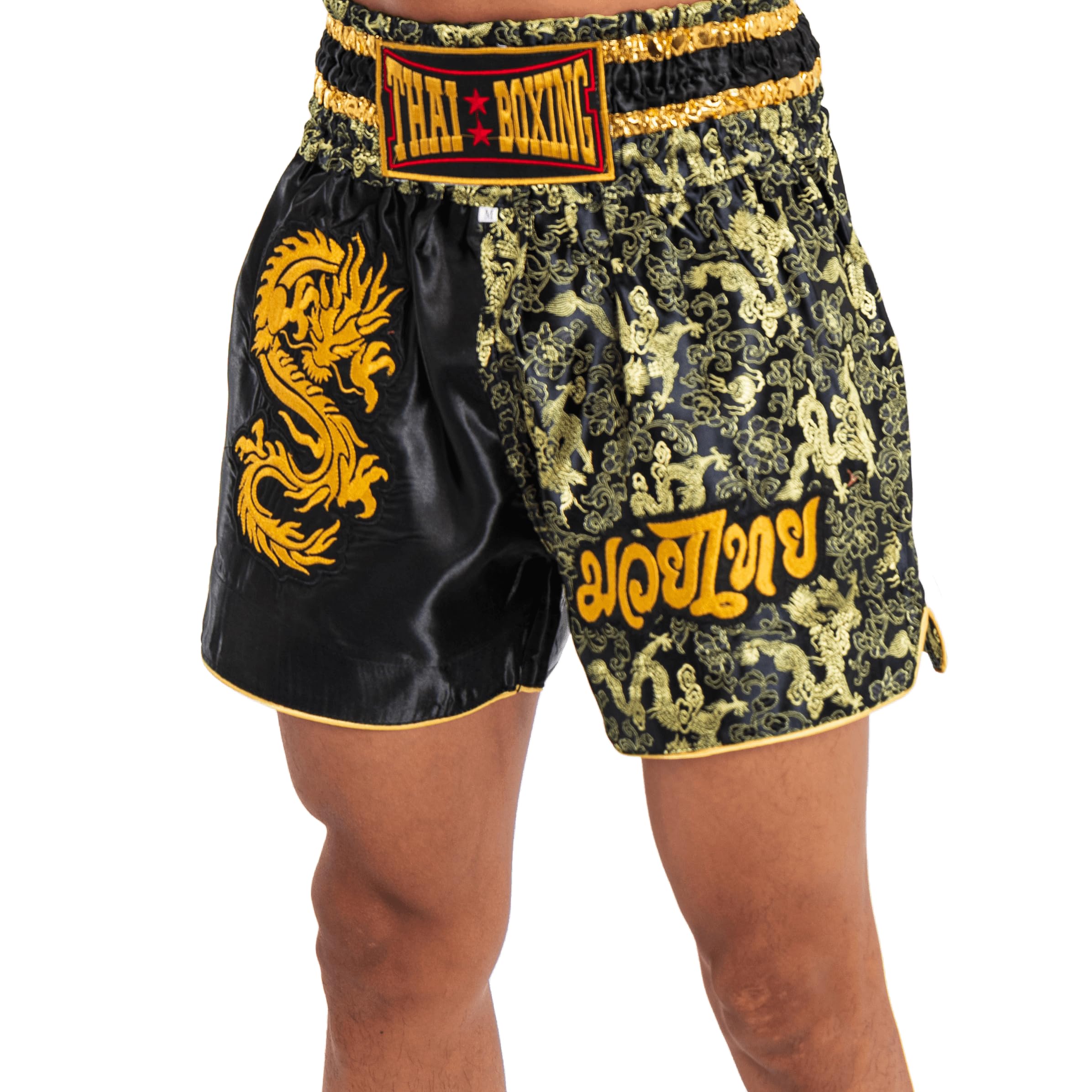 Pantalones Cortos de Muay Thai para Hombres y Mujeres, Corte Ajustado, Shorts de Boxeo MMA para Entrenamiento, Ropa de Kickboxing (FR/ES, Letras, L, Regular, Regular, Dragón Negro)