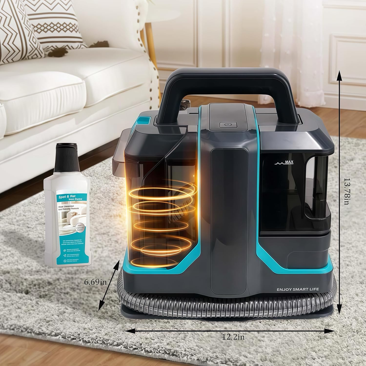Portable Carpet and Upholstery Deep Cleaning Machine, Black and Turquoise, Compact Size 12.2x6.69x13.78 Inch, with Spray Suction and Multi-Purpose Brush