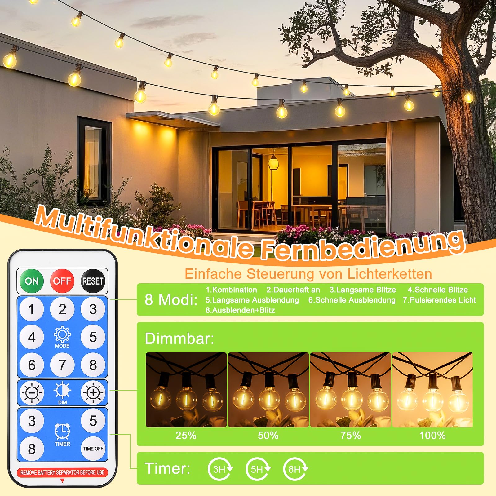 Solar Lichterkette Aussen Wasserfest 15M - LED Solarlichterkette Außen 20+1 G40 Glühbirnen Dimmbar mit Fernbedienung 8 Modi für Outdoor Garten Balkon Party Terrasse Camping