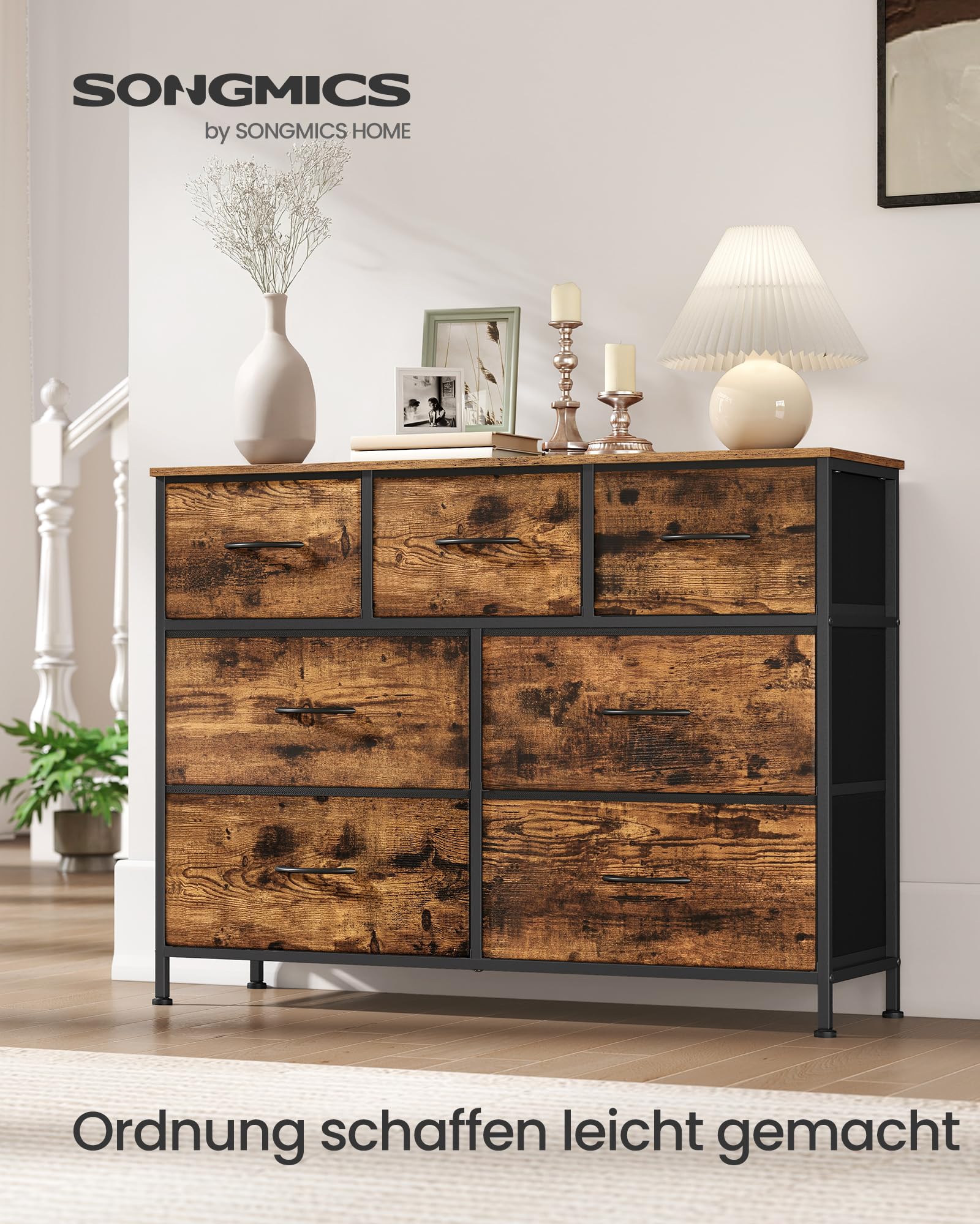 SONGMICS BELLAH Kollektion - Kommode, Schrank, Aufbewahrungsschrank, Stahl, für Schlafzimmer, Flur, Wohnzimmer, 7 Schubladen, Industrie-Stil, vintagebraun-tintenschwarz LGS323BH04