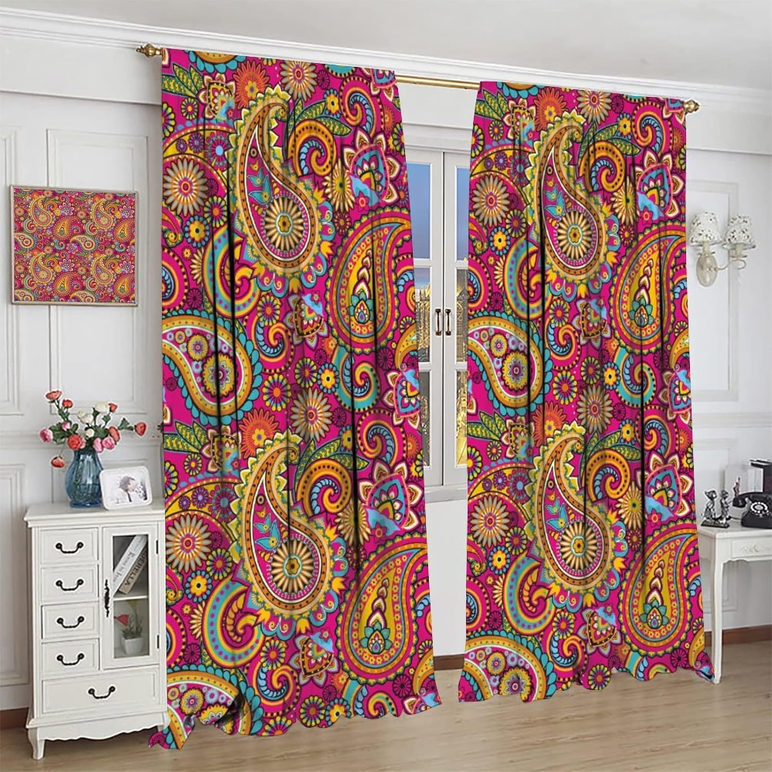 Paisley Curtains,Traditional Asian Eastern Elements Retro Pattern Room Darkening Door Window Rod Pocket Curtain for Living Room Bedroom Home Decor W55xL63in