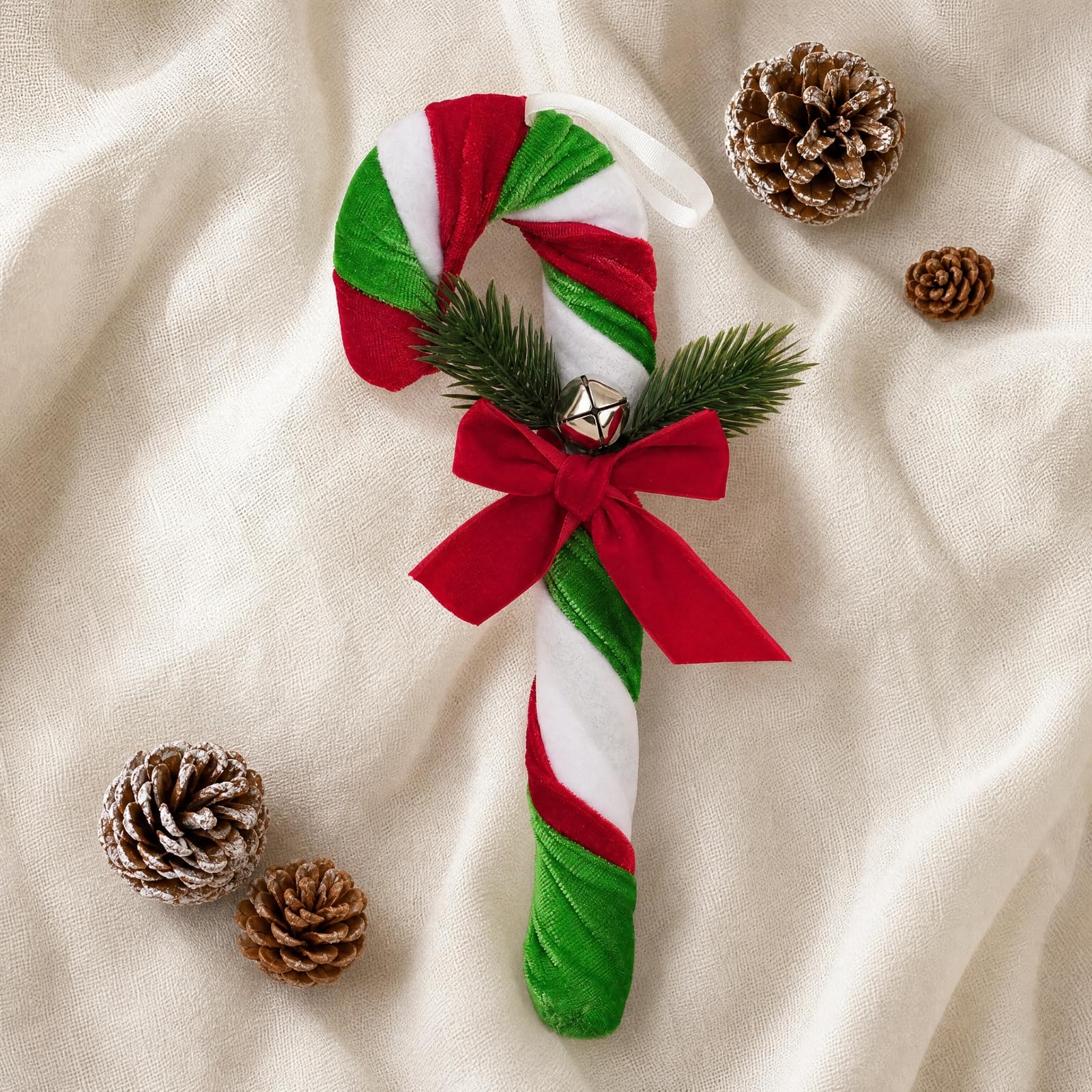 Plüsch-Zuckerstange mit Schleife und Glocke klassisch Zuckerstangen-Weihnachtsanhänger leicht Samt-Zuckerstange zum Aufhängen für Kamin, Großes