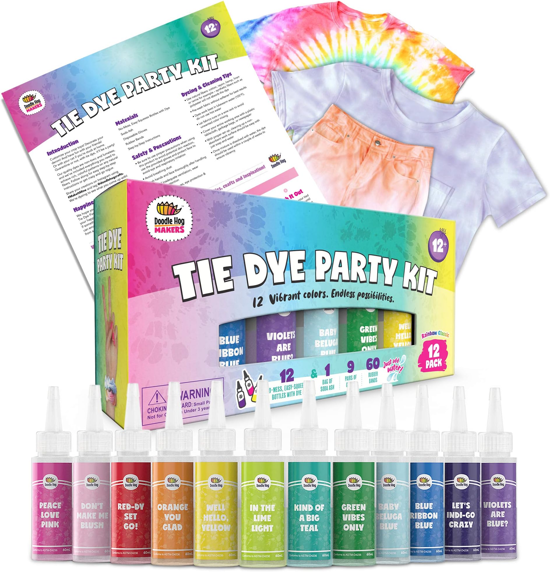 DOODLE HOG Easy Tie Dye Party Kit for Kids, Adults, and Groups. Create Vibrant Designs with Non-Toxic Dye. 8 Colors Included! Beginner-Friendly: Just Add Water! Dye up to 10 Medium Kids T-Shirts!