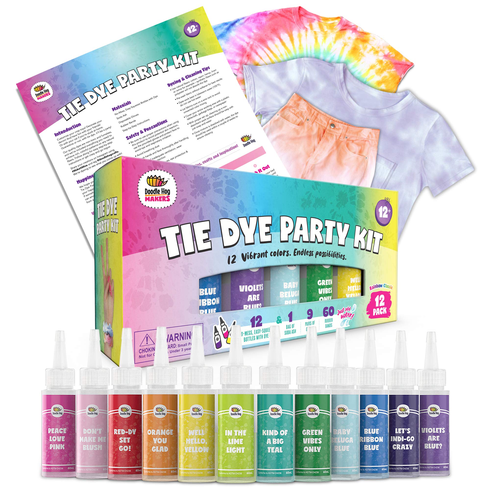 DOODLE HOG Easy Tie Dye Party Kit for Kids, Adults, and Groups. Create Vibrant Designs with Non-Toxic Dye. 8 Colors Included! Beginner-Friendly: Just Add Water! Dye up to 10 Medium Kids T-Shirts!