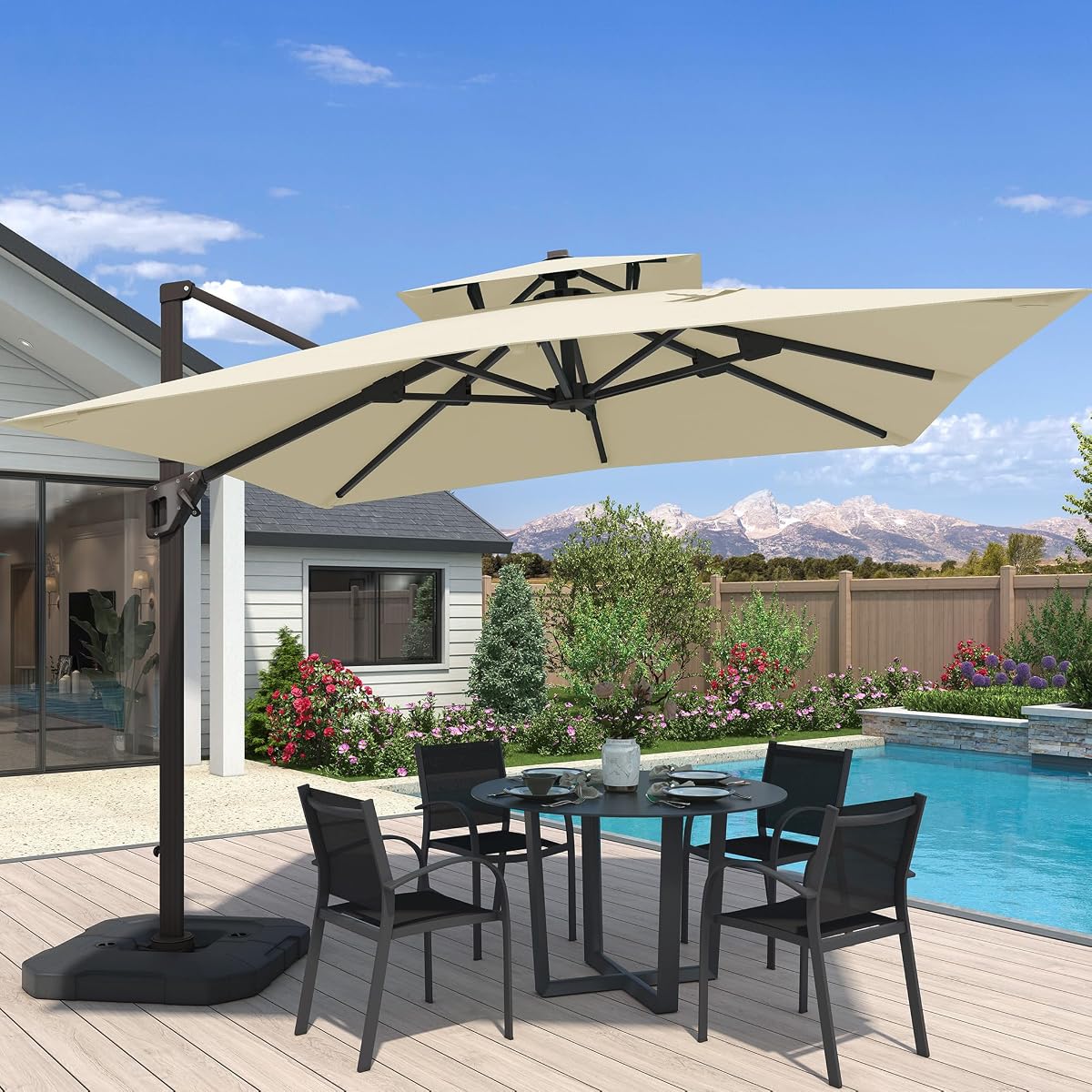 10x10 FT Outdoor Cantilever Patio Umbrella with Base | Weighted Base Included, Aluminum Frame, Waterproof Fabric, 360-degree Rotation, 7 Level Tilt, for Pool Garden Deck, Beige