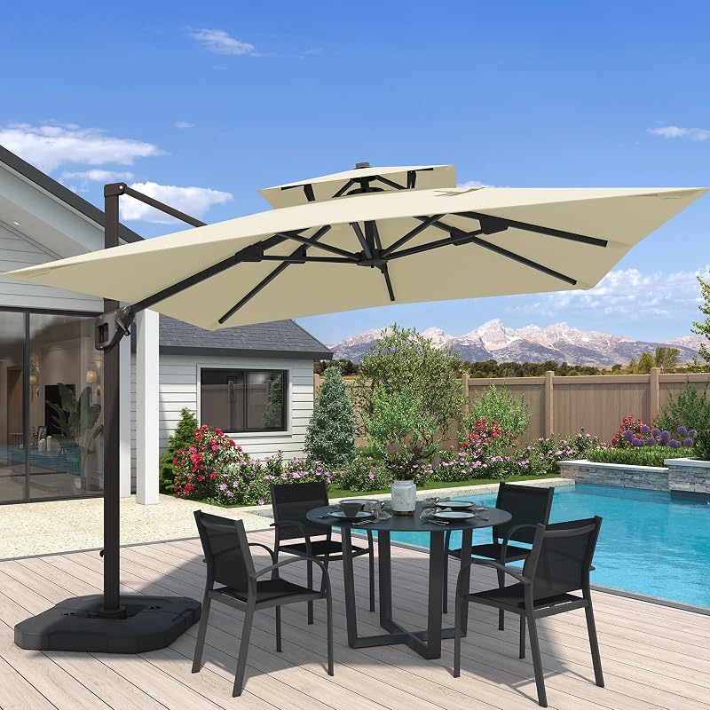 10x10 FT Outdoor Cantilever Patio Umbrella with Base | Weighted Base Included, Aluminum Frame, Waterproof Fabric, 360-degree Rotation, 7 Level Tilt, for Pool Garden Deck, Beige