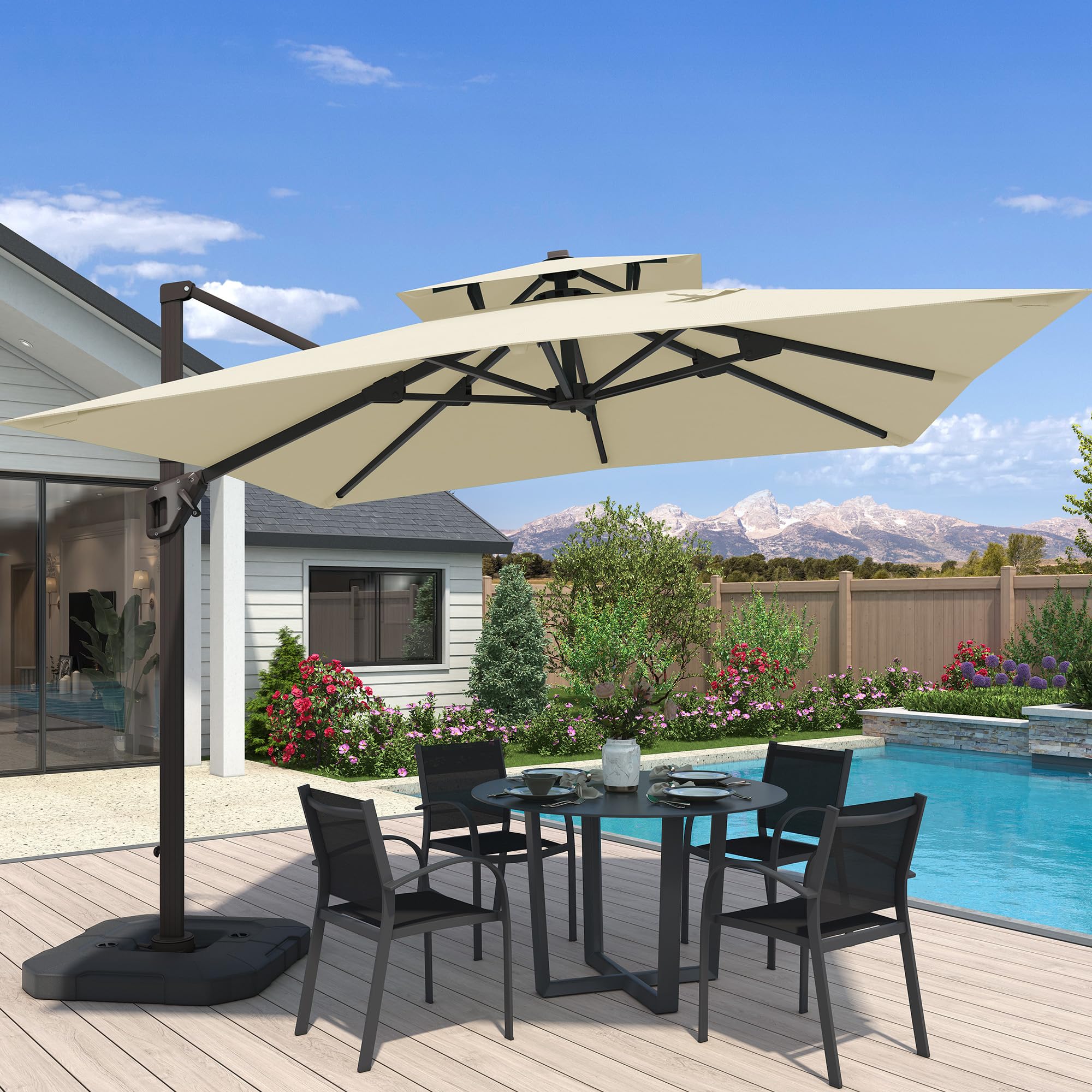 10x10 FT Cantilever Patio Umbrella with Base Included Double Top Outdoor Square Large Heavy Duty Aluminum Offset Umbrellas with 7 Level Tilt 360-