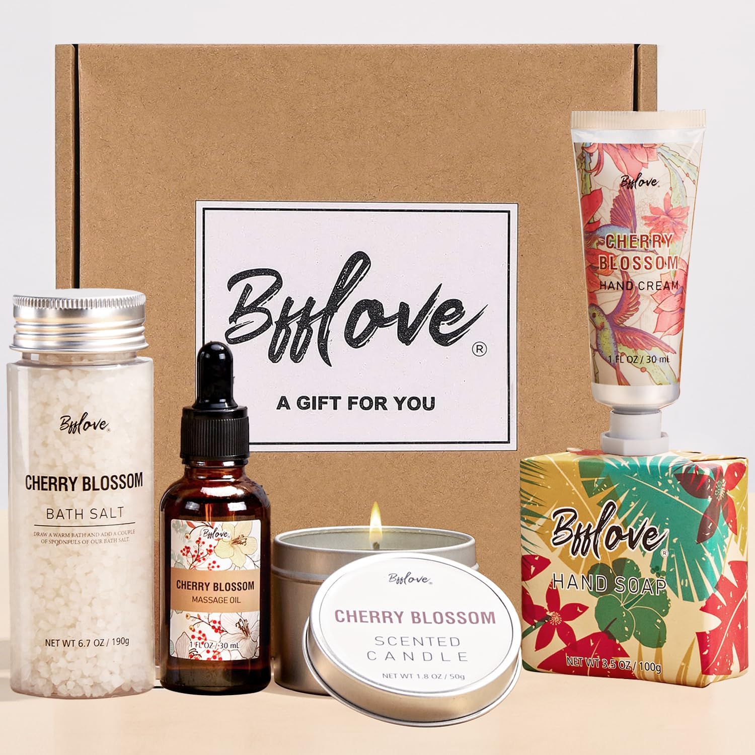 Set regalo da bagno da donna, confezione regalo per la spa, confezione regalo per lei, 5 pezzi, fiori di ciliegio, regalo per le donne con olio da massaggio, candela profumata, sali da bagno, sapone