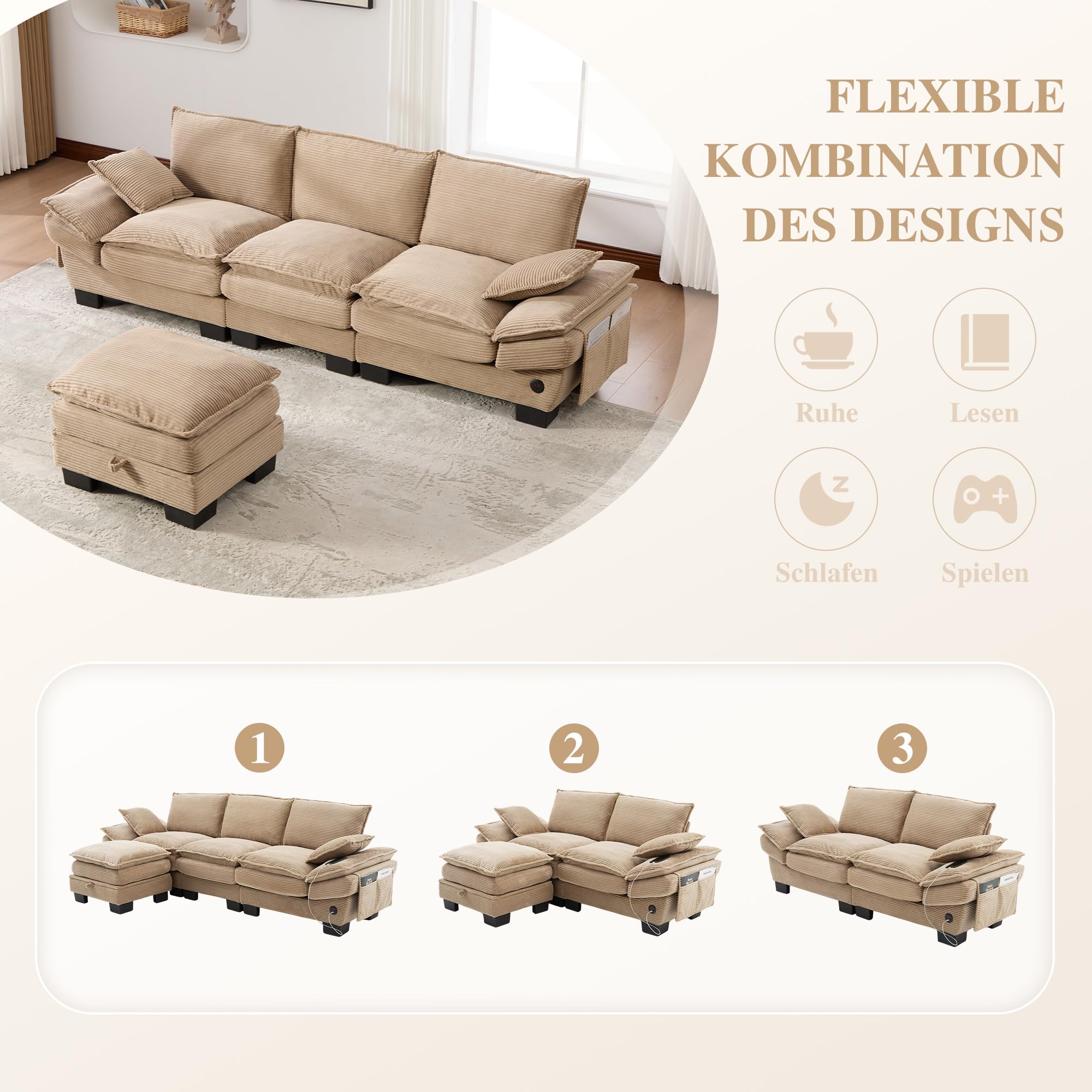 Modułowa sofa 3-osobowa z 1 taboretem, ergonomiczna szerokość siedziska z przyłączem C, sofa do salonu z bocznymi kieszeniami, do salonu, sztruksowy, khaki