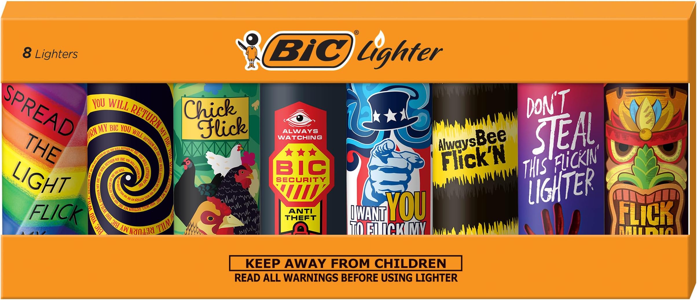 BIC Maxi Pocket Lighter, Special Edition Flick My BIC Series, 8 Count Pack of Lighters