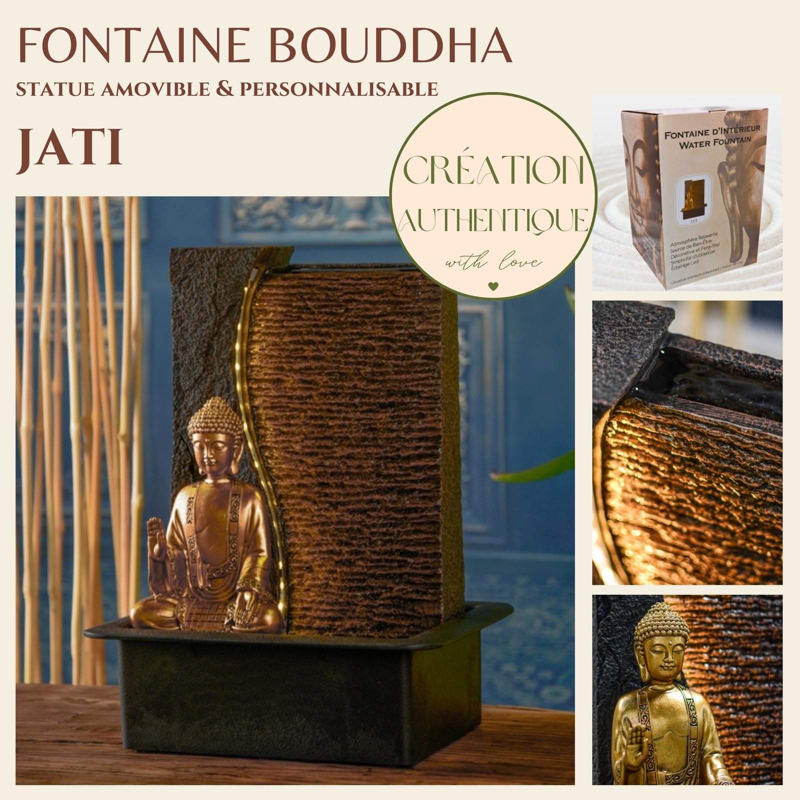 Zen'Light – Fontana interna Buddha Jati rimovibile con fascia LED gialla, decorazione Zen, ideale per meditazione e relax, pompa dell'acqua silenziosa, fontana portafortuna, circuito chiuso, altezza