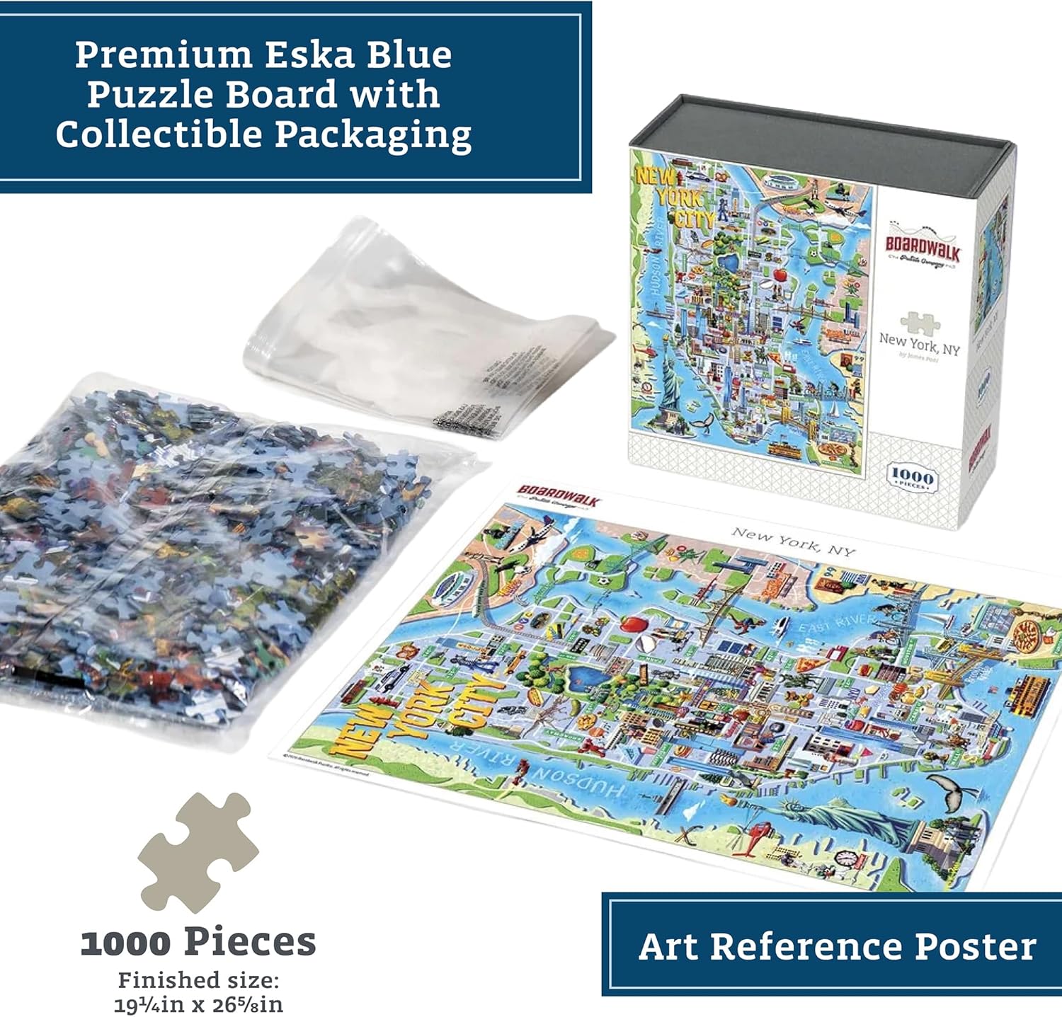 Boardwalk Puzzles New York, NY, 1000 Piece Jigsaw Puzzle for Adults, 19¼ x 26⅝ Inches, Made in USA