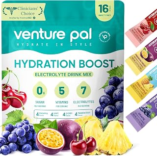 Venture Pal Sugar-Free Electrolyte Powder Packets: 7 Electrolytes + 5 Vitamins, Keto Vegan Hydration Sticks for Rapid Recovery & Daily Wellness - 16 Pack