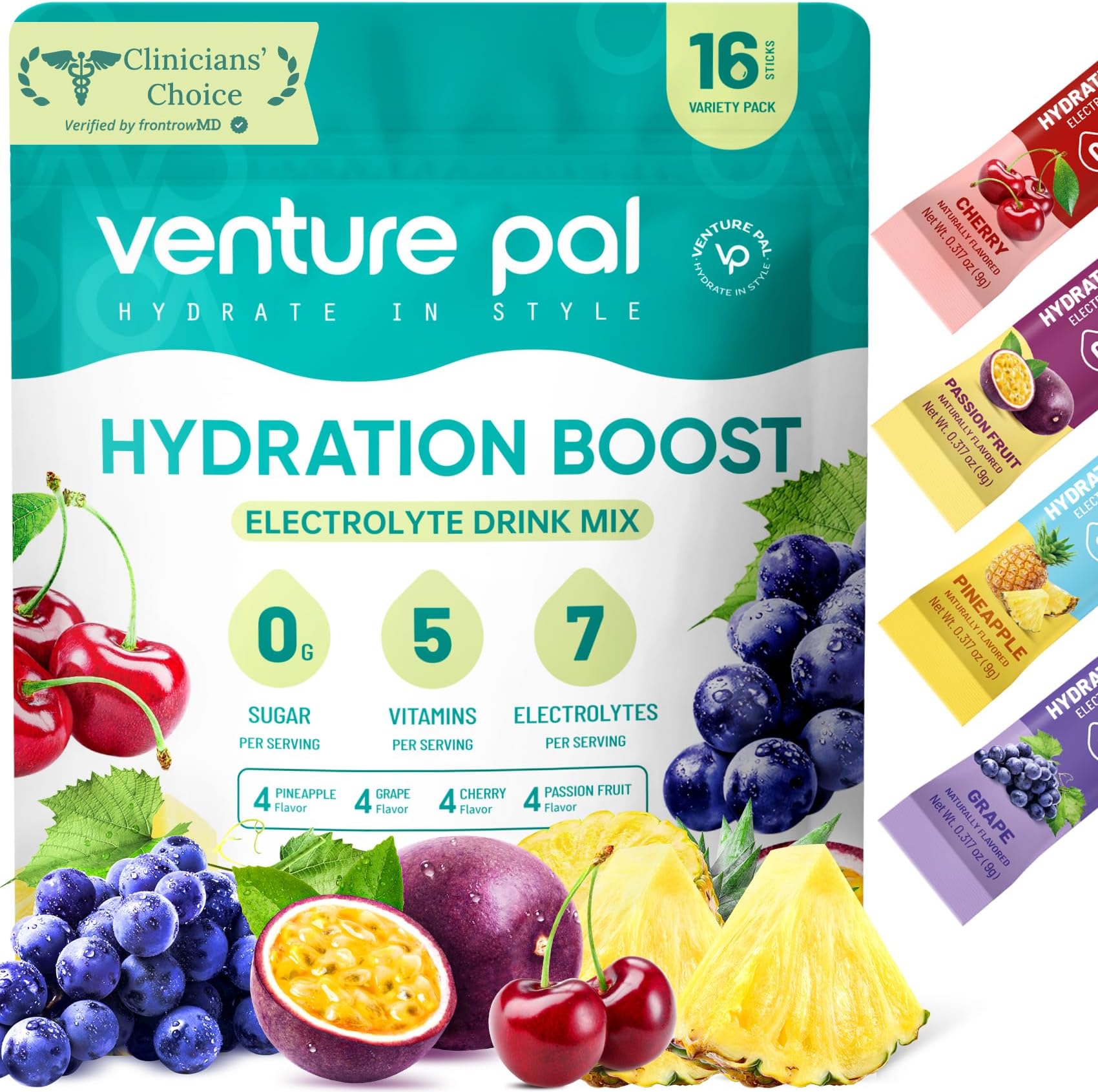 Venture Pal Sugar Free Electrolyte Powder Packets - Liquid Daily IV Drink Mix for Rapid Hydration & Party Recovery | 5 Vitamins & 7 Electrolytes| Keto Friendly | Non-GMO | Certified Vegan | 16 Sticks