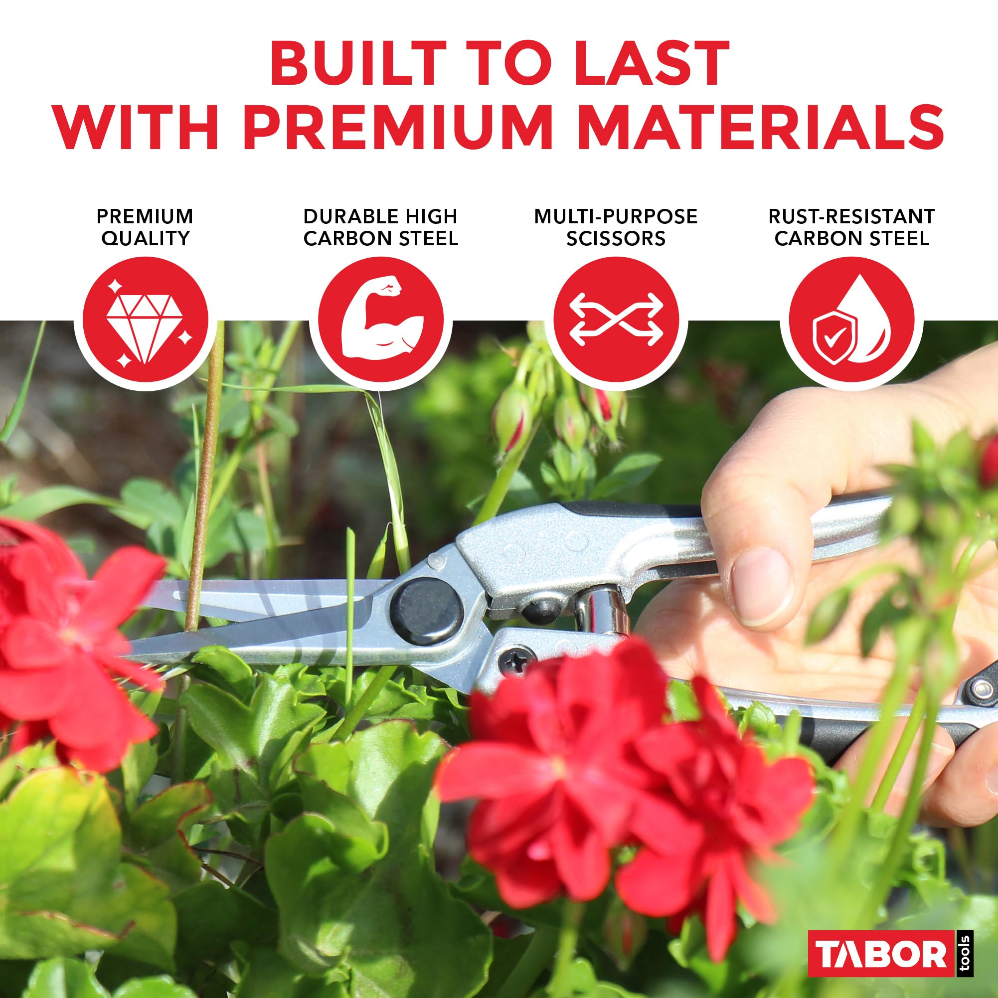 TABOR TOOLS K18E Gerade Gartenschere mit Edelstahlklingen, Blumenschere, Multi-Task-Gartenschere zum Anordnen von Blumen oder Pflanzen und Ernten von Kräutern, Obst oder Gemüse.