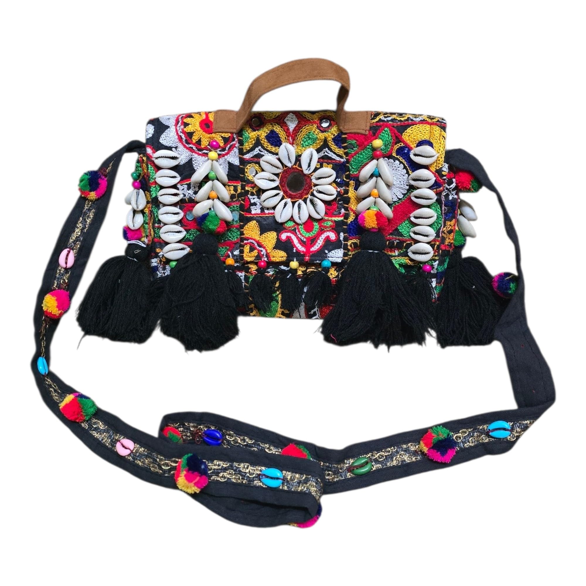 Banjara Sling Bag, Multicolour, Embroidered with Cowrie Shells and Black Tassels, 25x18 cm Handmade Patch Work-image-14