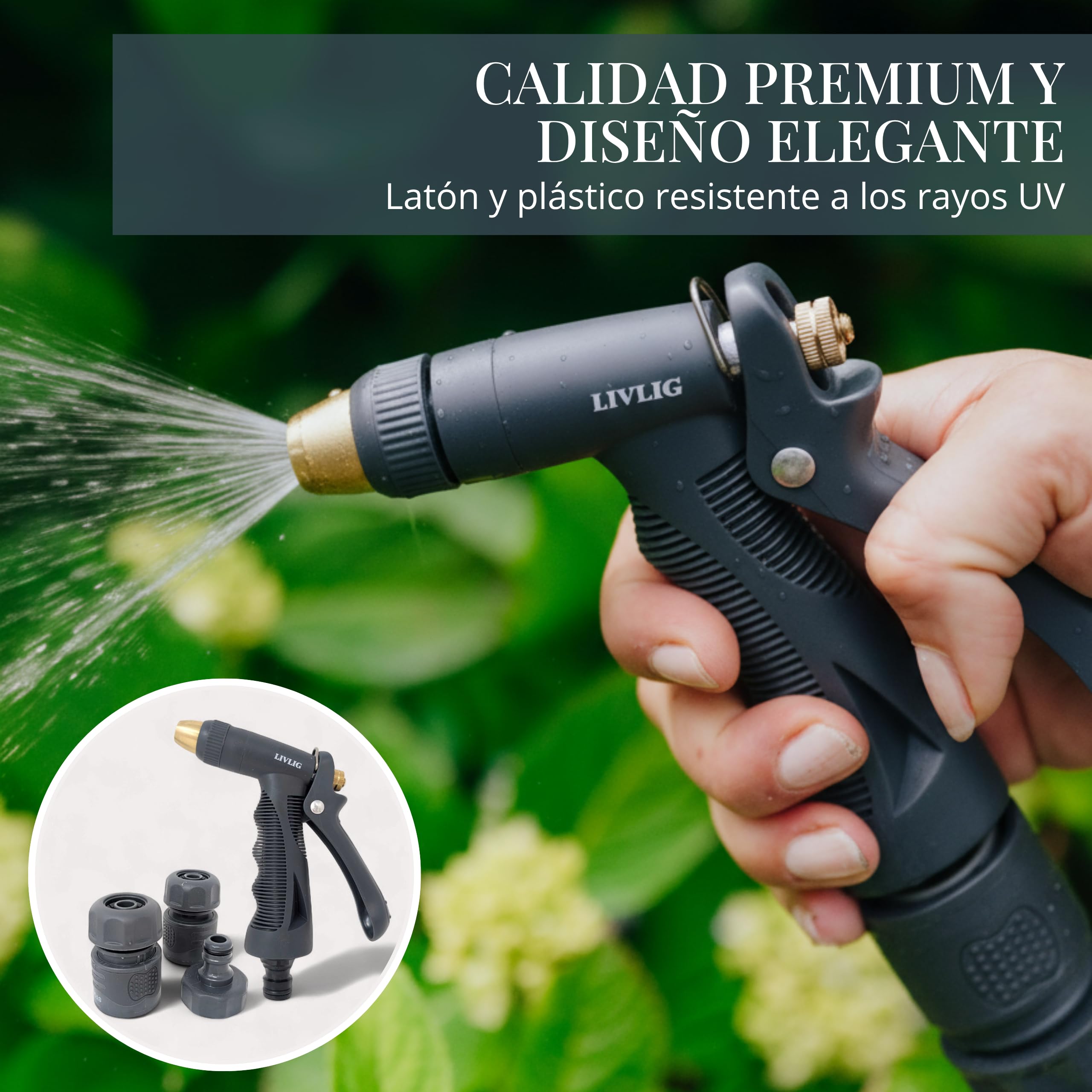 LIVLIG Set manguera 30 m 1/2" – tubo resistente a UV y anti‑torsión con pistola y conectores (G3/4, stop 1/2, rápido) – Antracita