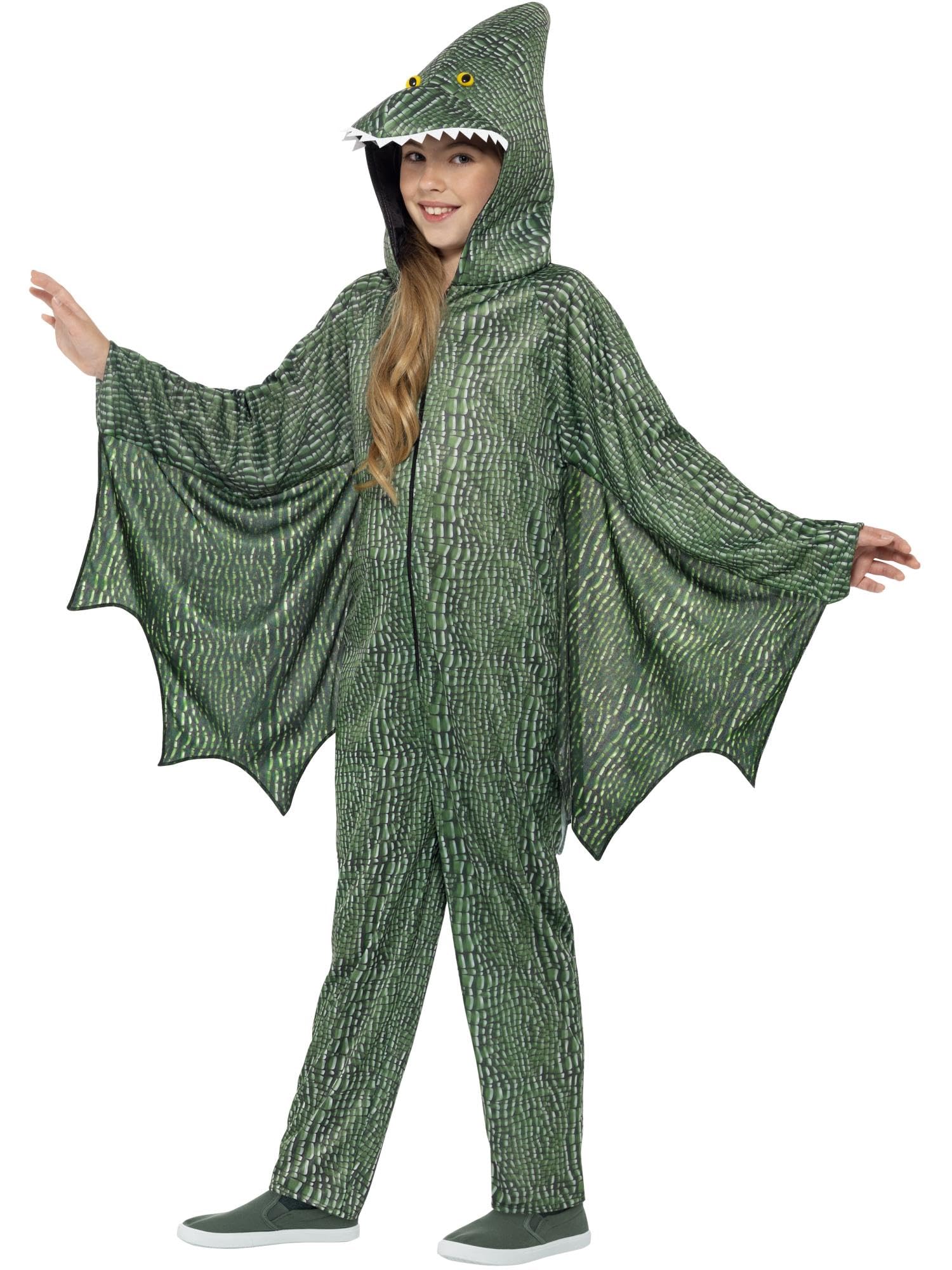 Smiffys Pterodactyl Dinosaur Costume, Green with Hooded Jumpsuit & Attached Wings, Children's Animal Fancy Dress, Animal Dress Up Costumes