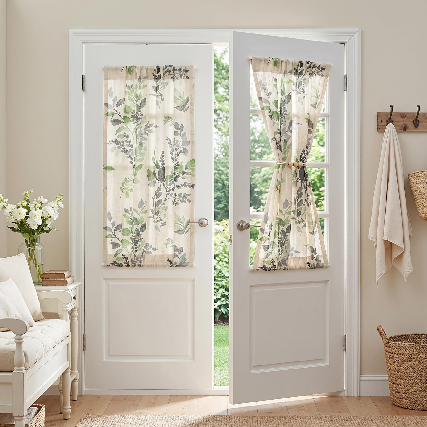 MYSKY HOME Floral Linen French Door Curtains 40 inch Long 2 Panels for Front Door Light Filtering Privacy Semi Sheer Window Curtains with Rod Pocket, Green, 24" W Each Panel
