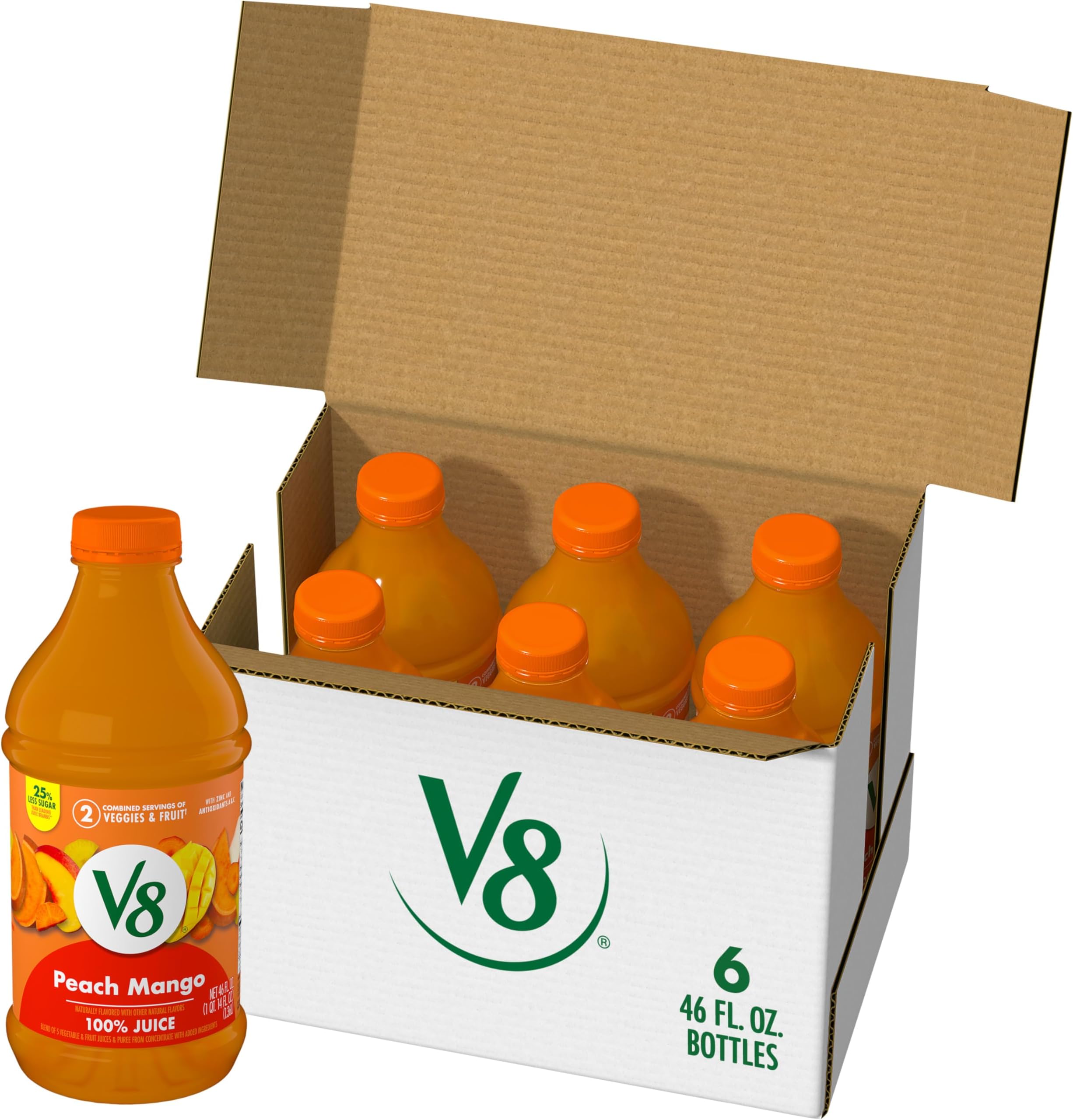 V8 Peach Mango 100% Fruit and Vegetable Juice, 46 fl oz Bottle (6 Pack)