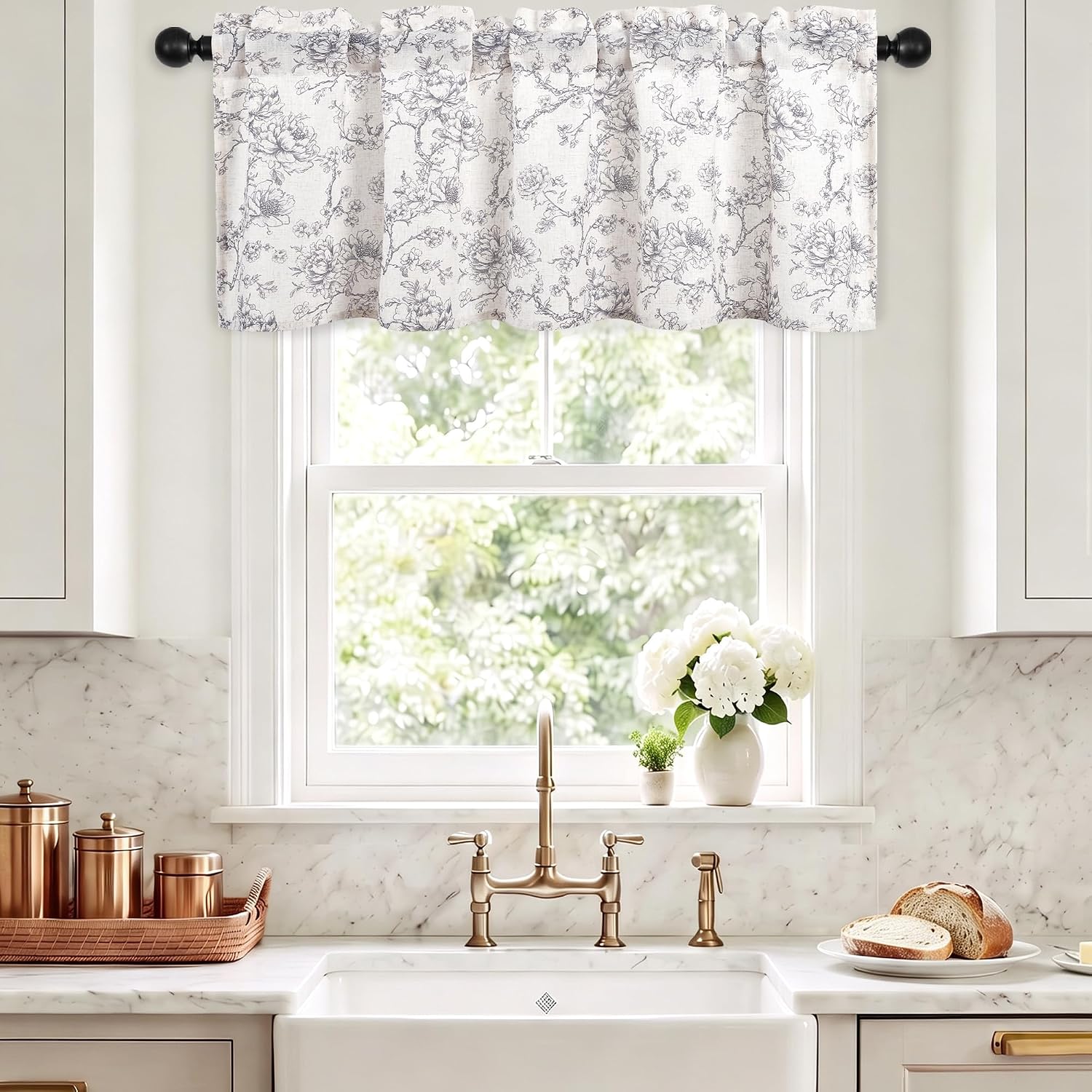 JIUZHEN Valance Curtain Linen Textured Vintage Kitchen Curtains Light Filtering Farmhouse Window Treatment Cottage Small Curtains Rod Pocket, 1 Panel, Peony in Grey, 52 x 18 Inches