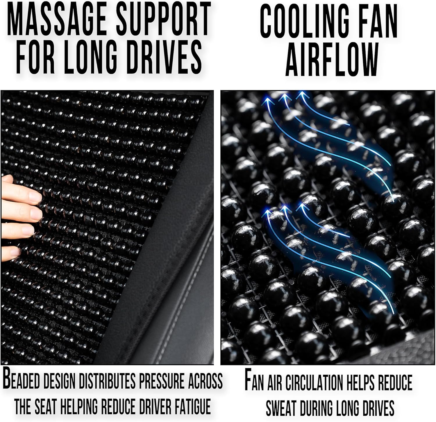 Beaded Cooling Car Seat Cover Massage Cushion, Beaded Seat Cover Black Wooden Beads with 12V Car Seat Cooling Pad Adjustable Temperature, Breathable Sweat Protector Cooling Car Seat Covers for Summer