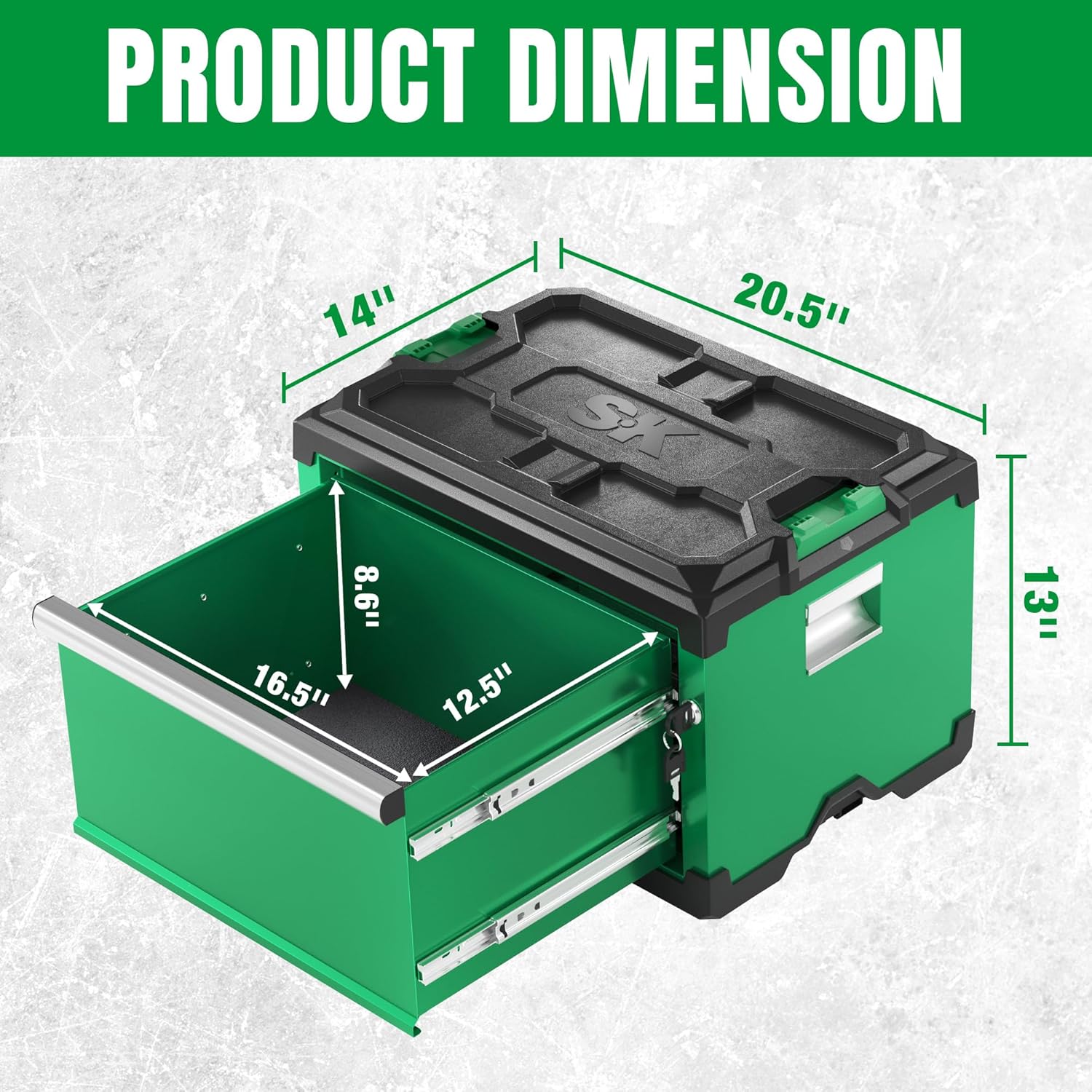 SK Modular Stackable Storage Tool Box, 20.5 Inch, 1-Drawer Steel Box, Magnetic Auto-Lock Mechanism, Holds up to 60 Lbs