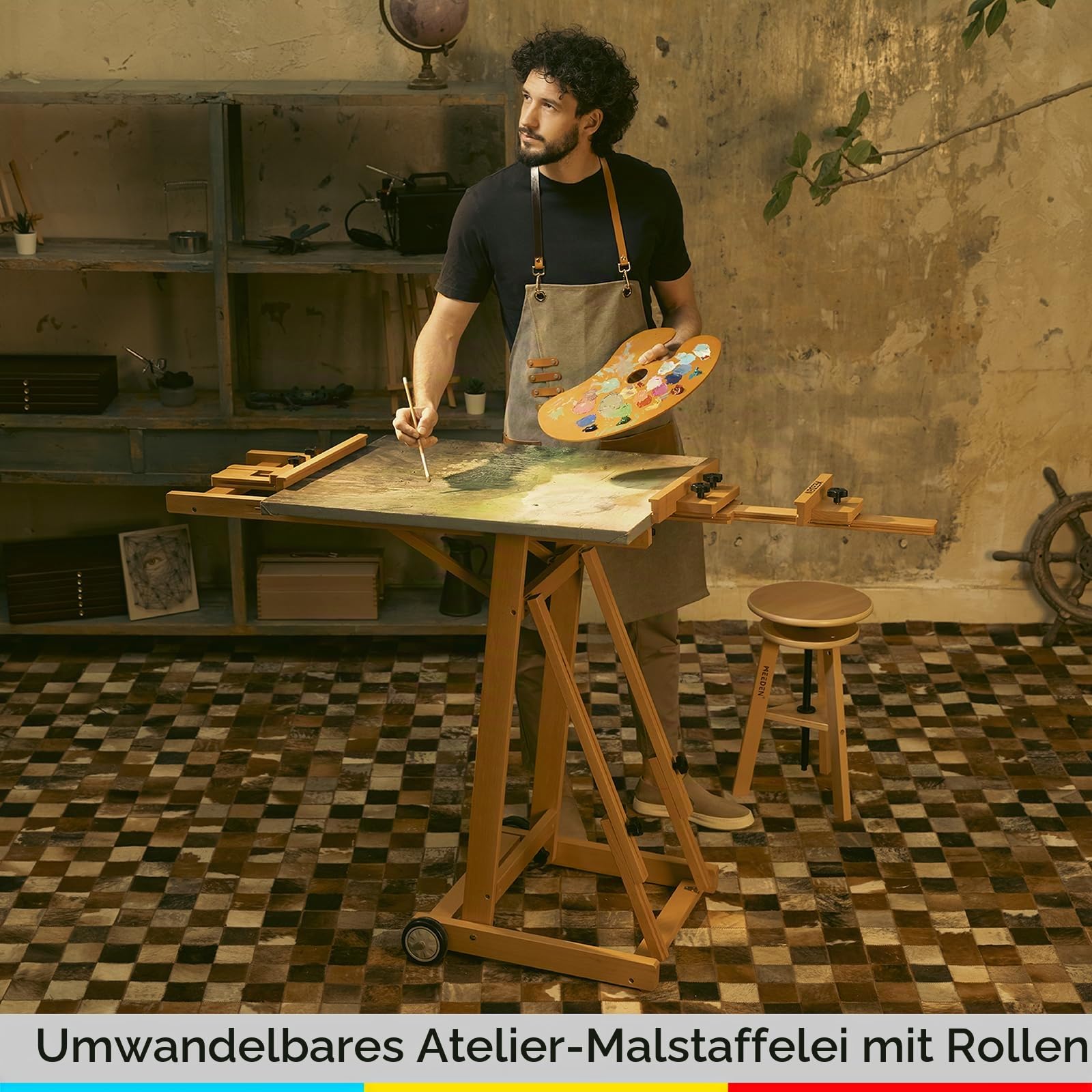 MEEDEN Vielseitige Studio Staffelei mit H-Rahmen - Alle Medien verstellbare Staffelei aus Buchenholz,Malstaffelei Ständer,Beweglich und Neigbar,Flach Erhältlich,Hält Leinwandkunst bis 196 cm (77 Zoll)