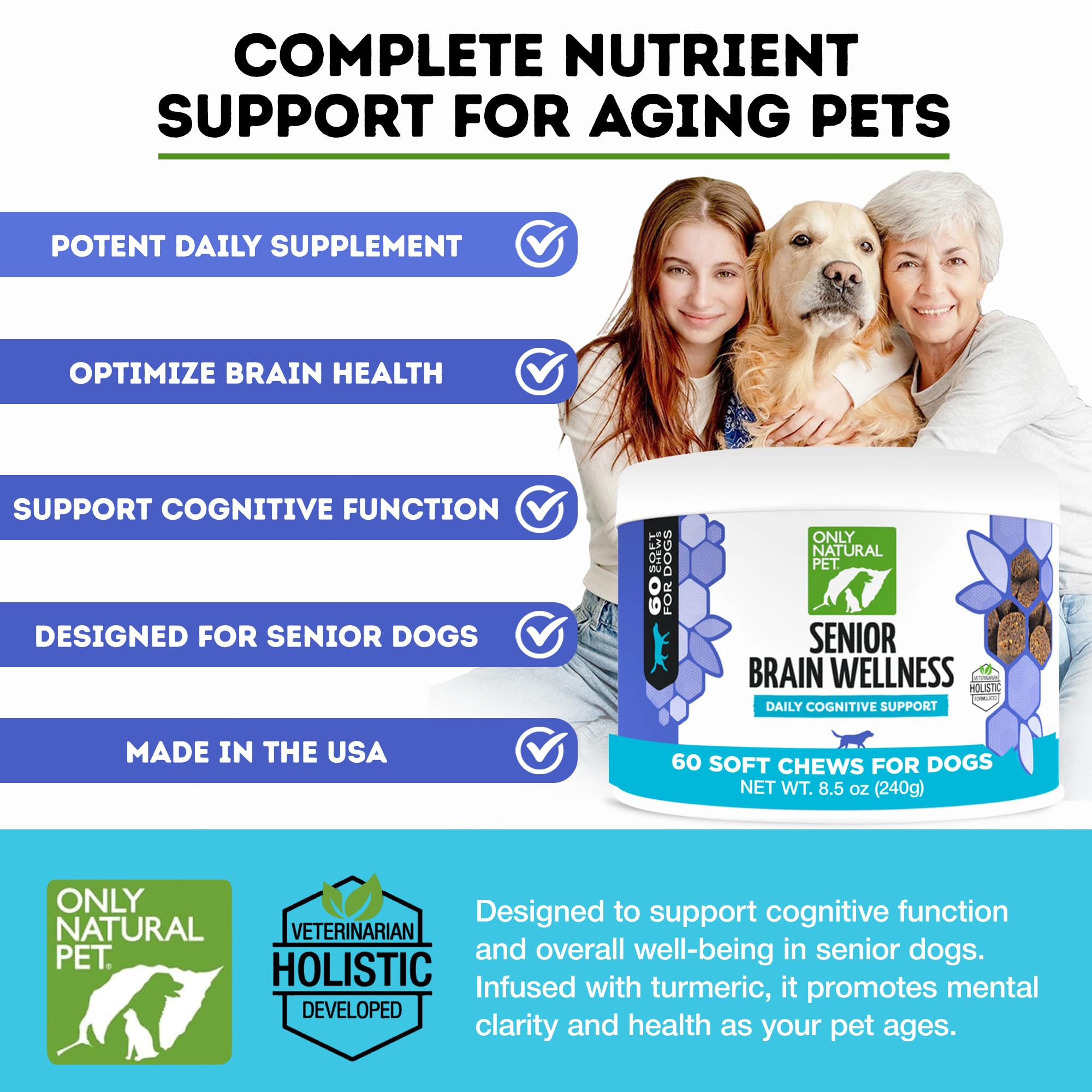 ONLY NATURAL PET Senior Brain Wellness Dog Chews - Small, Medium & Large Breeds, Toothless & Geriatric Dogs, Soft Chicken & Bacon Flavor Snacks, Baked Treats - 60 Count 1