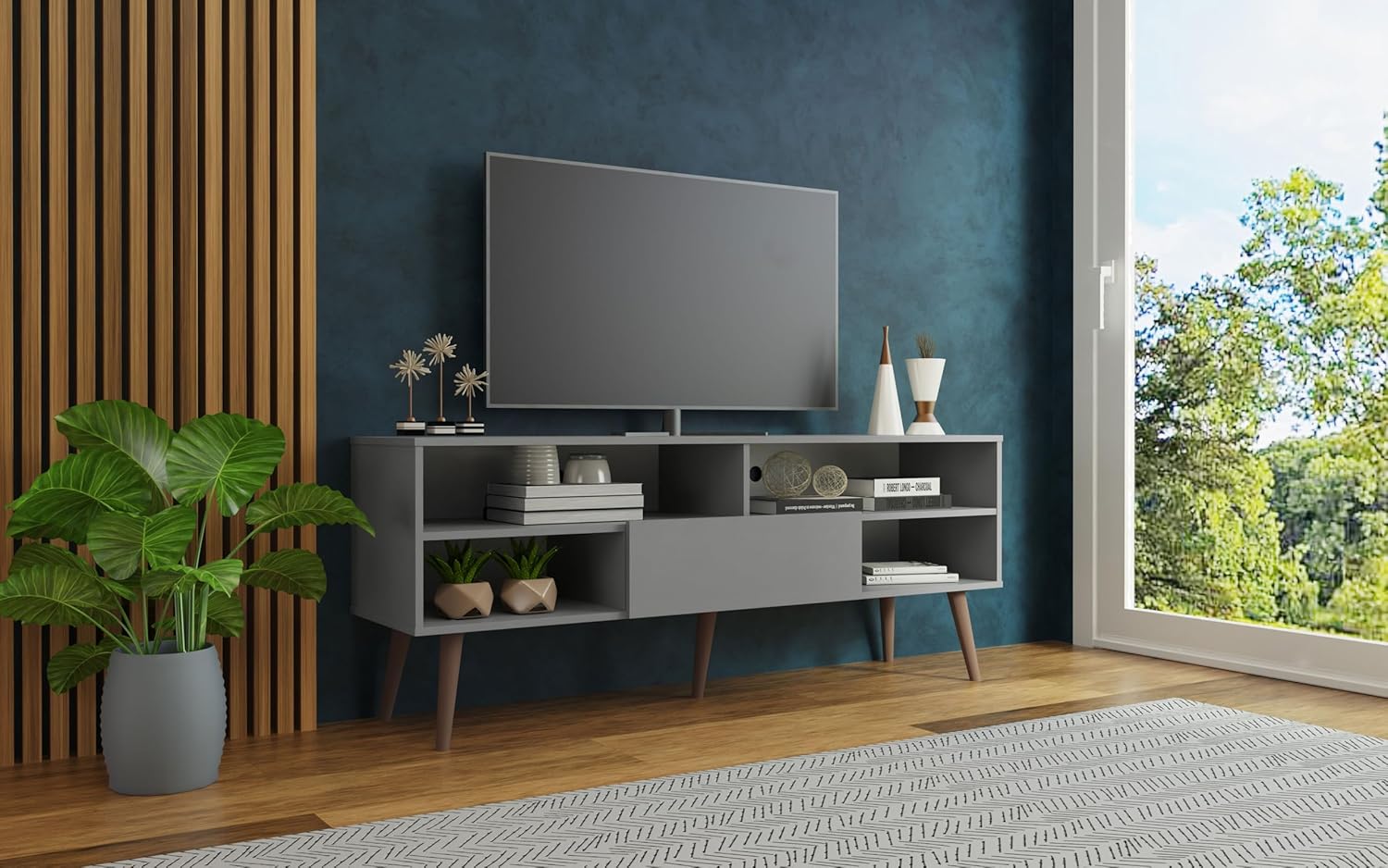 Madesa Modern TV Stand with 1 Door and 4 Shelves with Cable Management for 55, 65 Inch Media Storage Media Console Living Room and Bedroom Entertainment Center Wooden Television Cabinet - Grey
