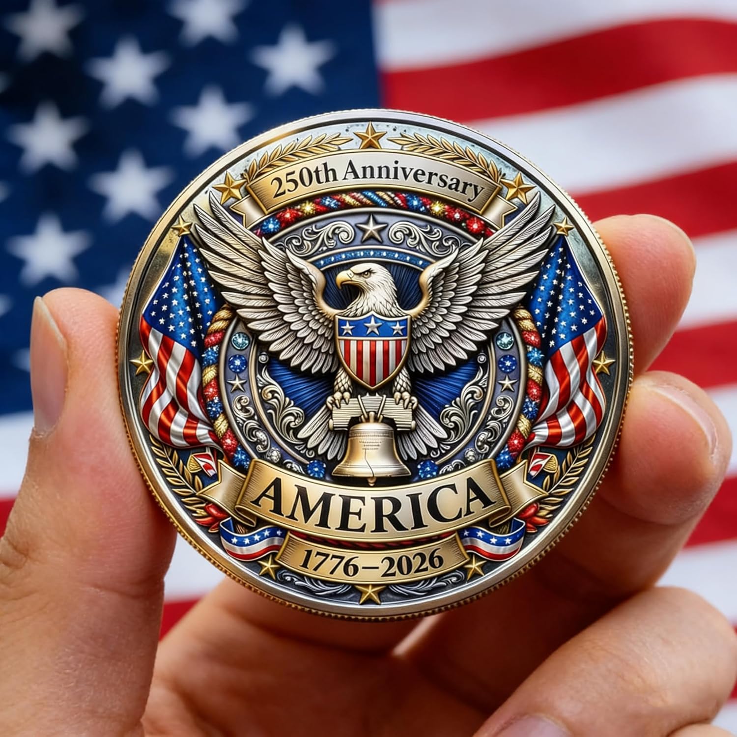 America 250th Anniversary Commemorative Coin 1776-2026, USA Semiquincentennial Challenge Coin, Patriotic Liberty Bell & Eagle Collectible, Military Veteran Gift for Independence Day Fourth of July