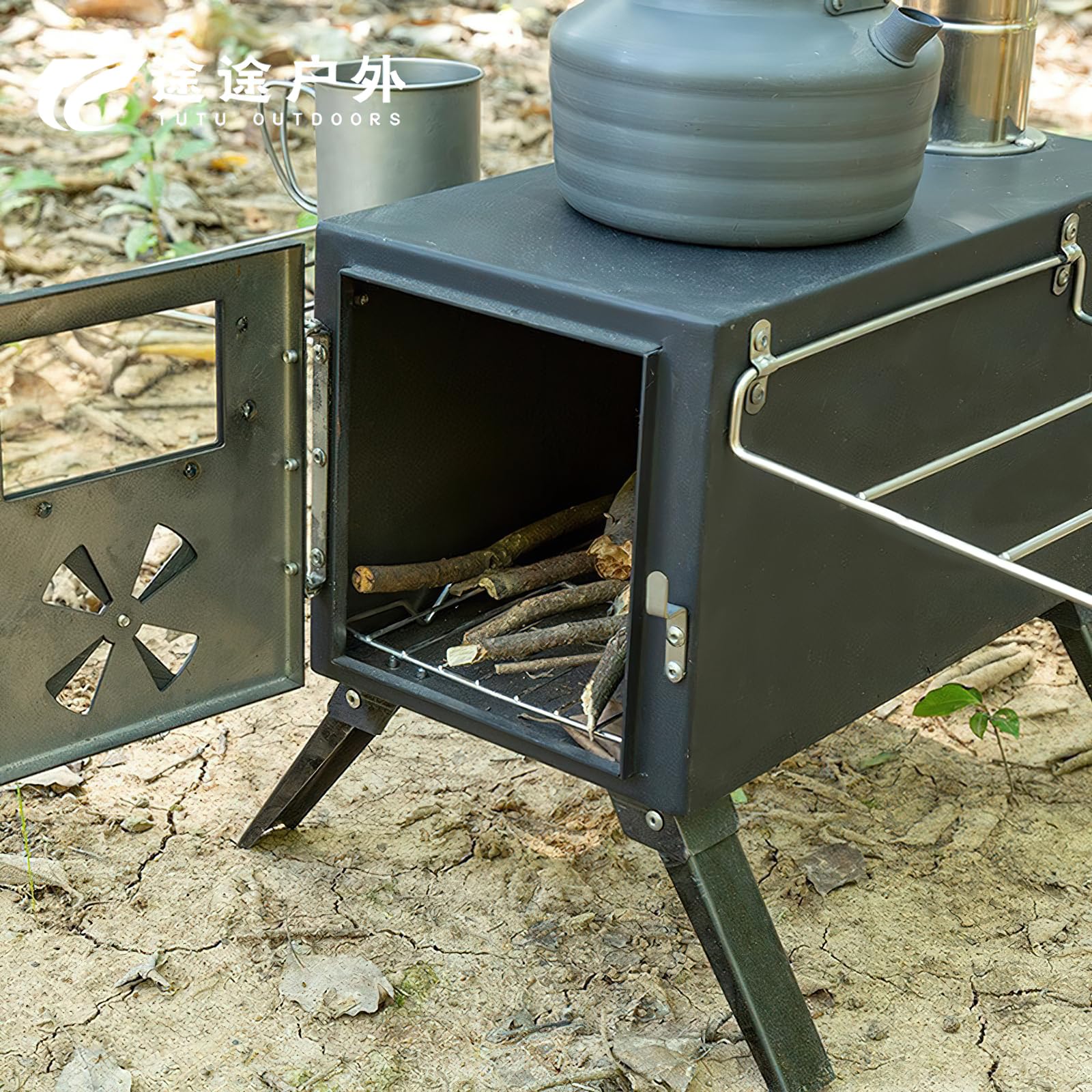 Estufa de acero al carbono para tienda de campaña, 40 x 20 x 22 cm, estufas de leña con tubos de chimenea para cocinar al aire libre, camping, senderismo
