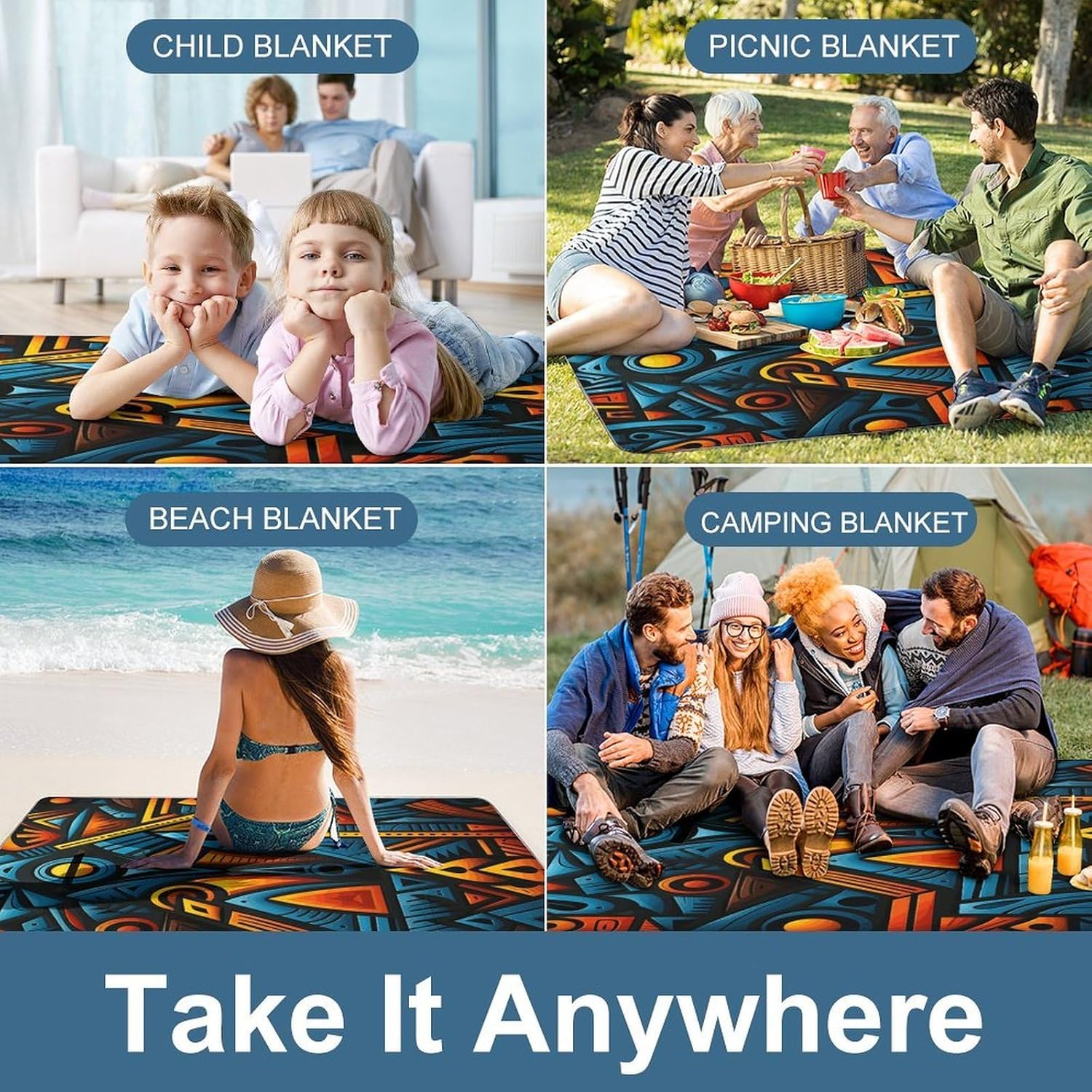 African Style Textile Pattern Waterproof Picnic Blanket 58.3''x58.3'',Portable and Foldable Picnic Mat with Handle,Outdoor Blankets for Lawn Park Beach Travel
