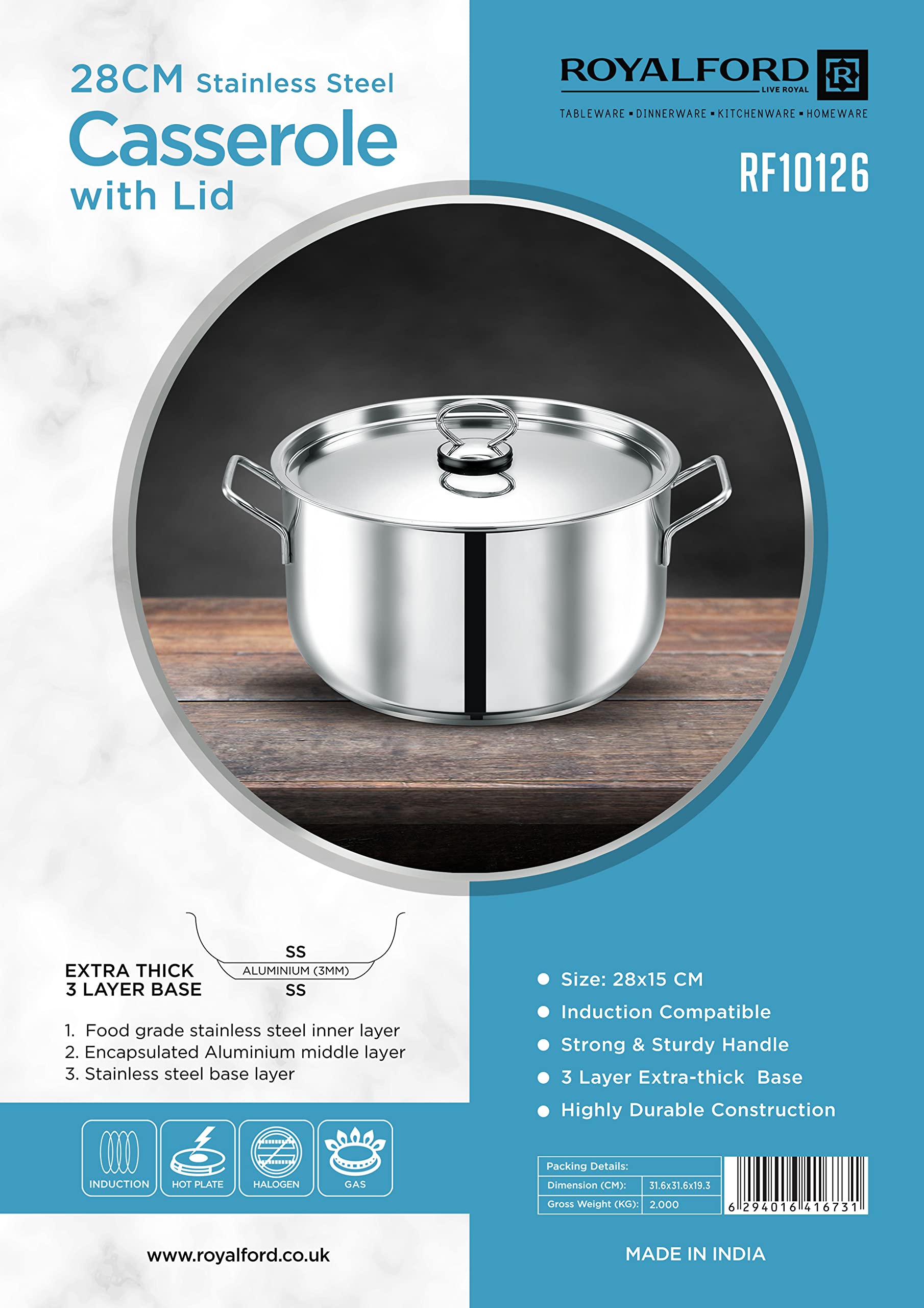 RoyalfordStainless Steel Casserole With Lid SIlver 28 CM RF10126