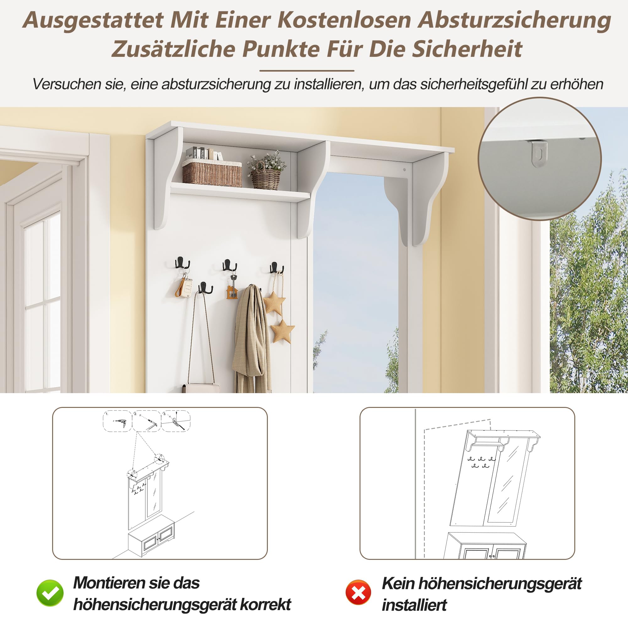 100 x 40 x 180 cm appendiabiti con specchio, 5 ganci per vestiti, 2 armadi e scaffali, appendiabiti con scarpiera, corridoio, guardaroba compatto, bianco