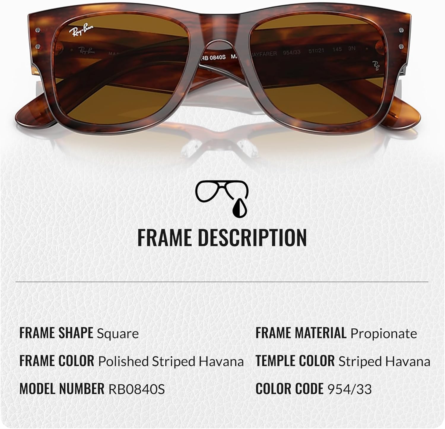 Ray-Ban RB0840S MEGA WAYFARER Square Shaped Sunglasses for Men & Women with Official Eyewear Kit Polished Striped Havana Frame | Brown Lens 51 Millimeters image 3 of 7 B0DTFQDM3F